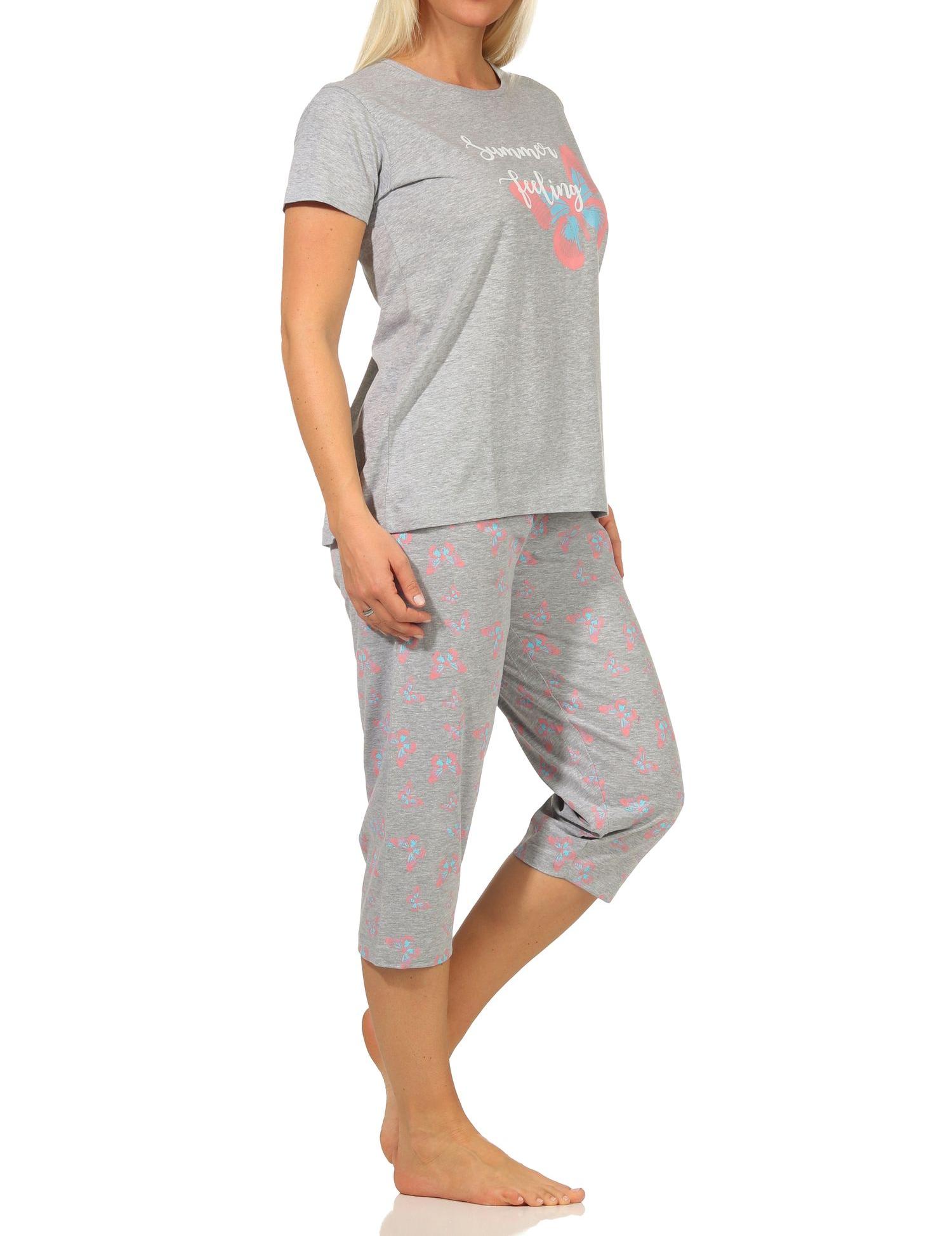 Sommerlicher Damen kurzarm Capri Schlafanzug Pyjama mit Schmetterlingsmotiv