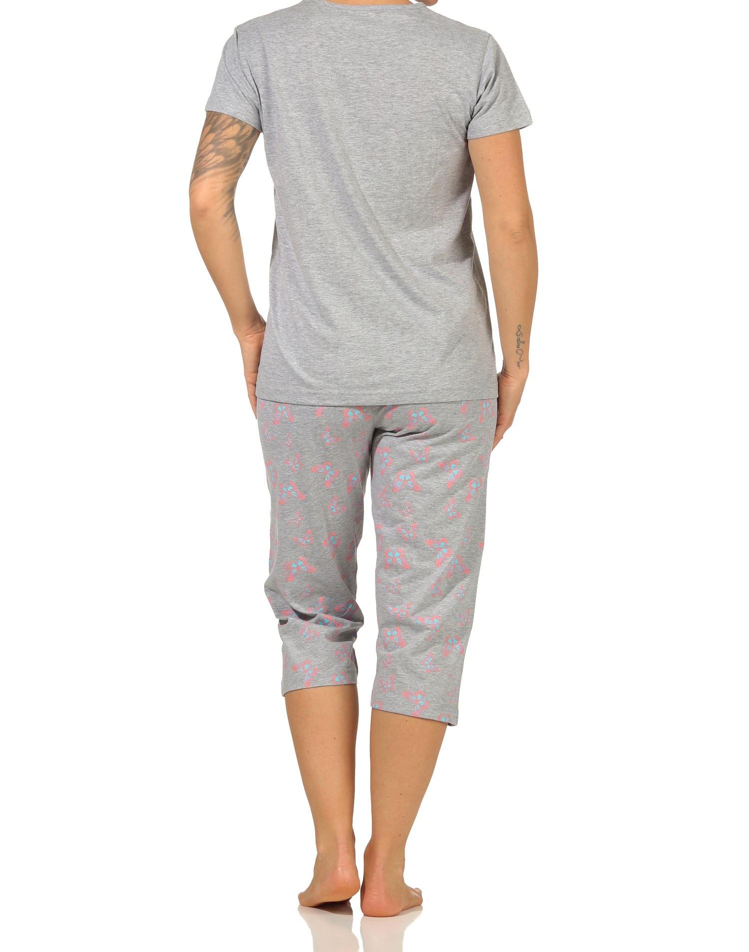 Sommerlicher Damen kurzarm Capri Schlafanzug Pyjama mit Schmetterlingsmotiv