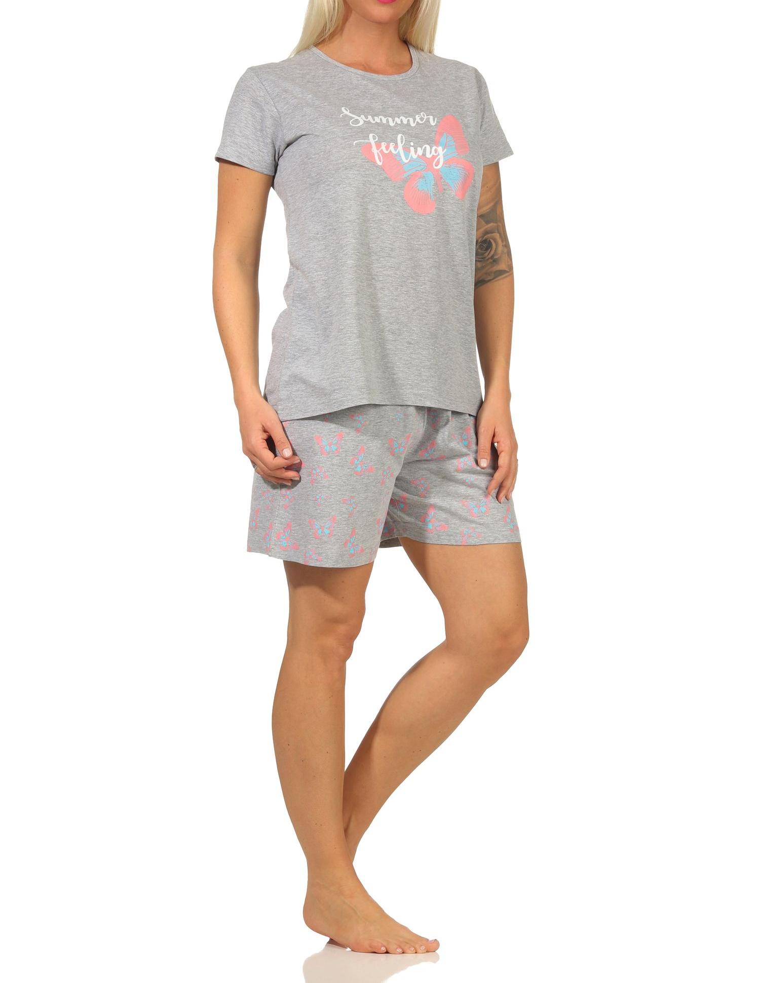 Sommerlicher Damen kurzarm Shorty Schlafanzug Pyjama mit Schmetterlingsmotiv