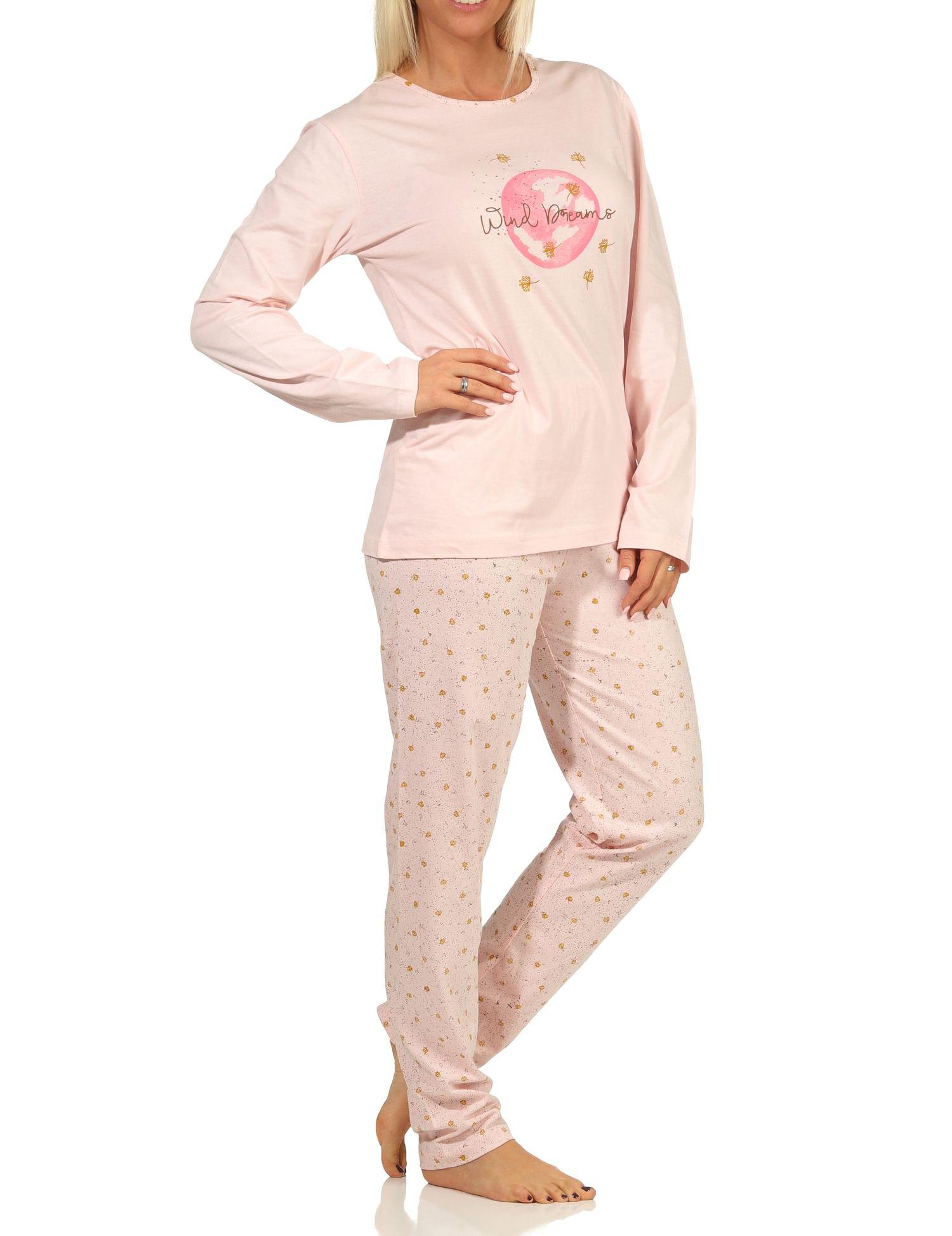Damen langarm Pyjama Schlafanzug mit Frontprint und allover bedruckter Hose