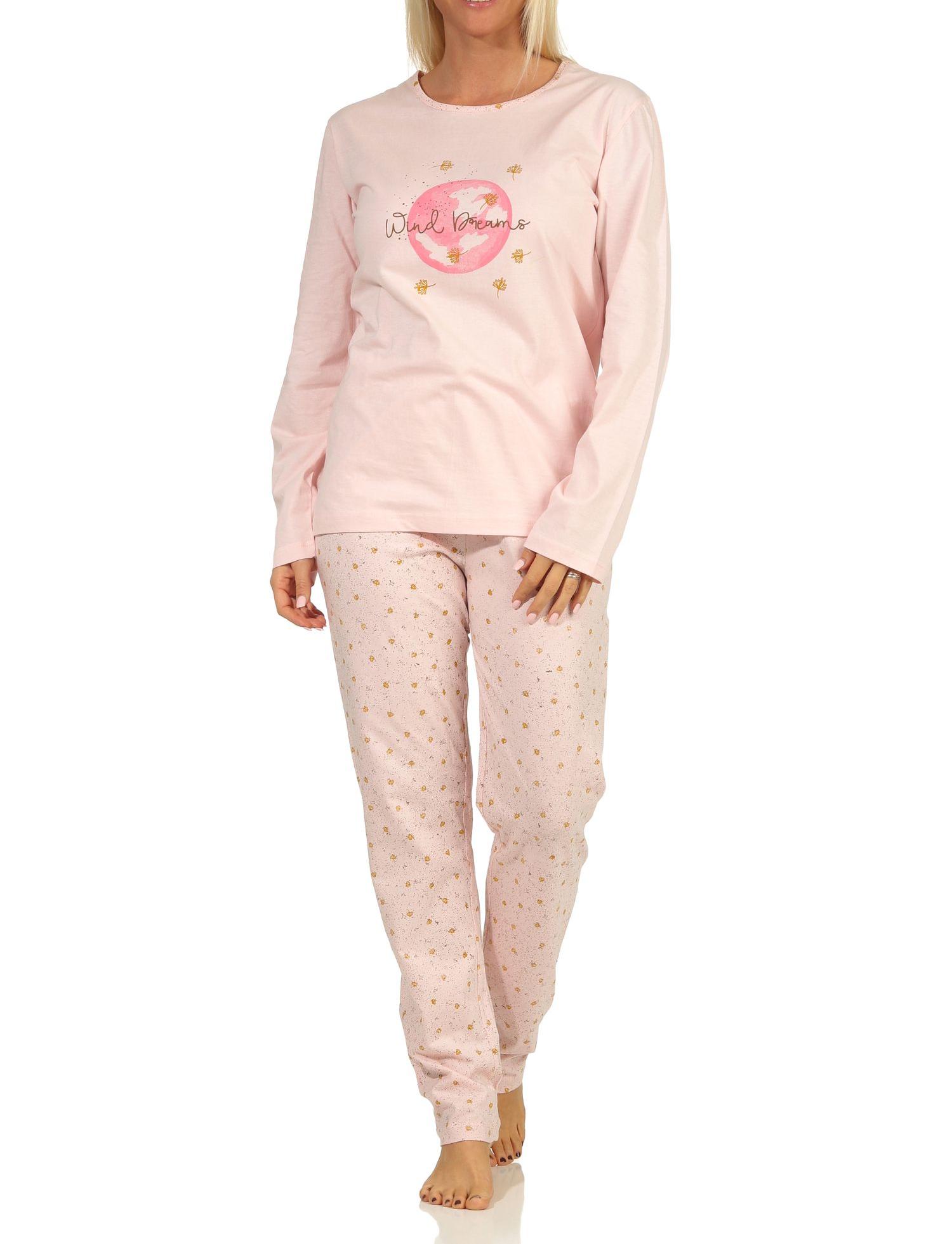Damen langarm Pyjama Schlafanzug mit Frontprint und allover bedruckter Hose
