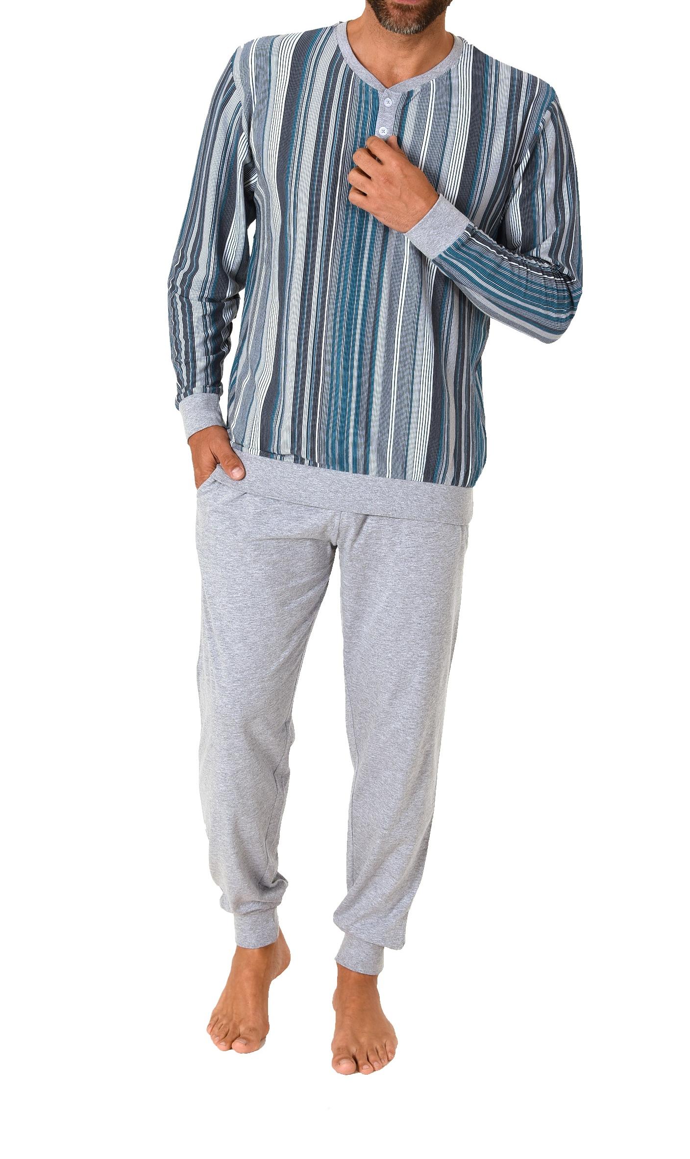 Eleganter Herren Pyjama Schlafanzug in Streifenoptik, Bündchen und Knopfleiste - 62792 Eleganter Herren Pyjama Schlafanzug in Streifenoptik, Bündchen und Knopfleiste - 62792