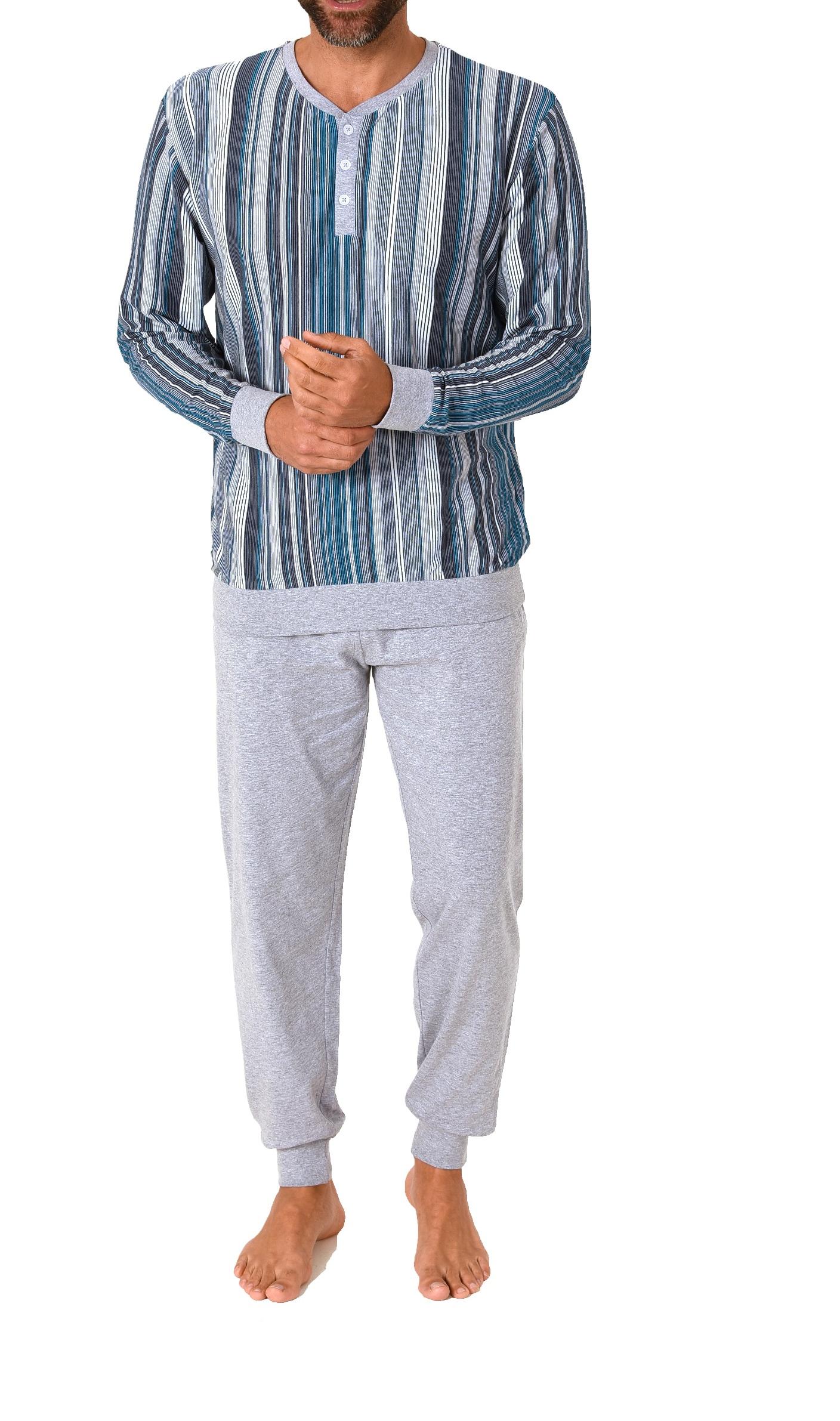 Eleganter Herren Pyjama Schlafanzug in Streifenoptik, Bündchen und Knopfleiste - 62792 Eleganter Herren Pyjama Schlafanzug in Streifenoptik, Bündchen und Knopfleiste - 62792