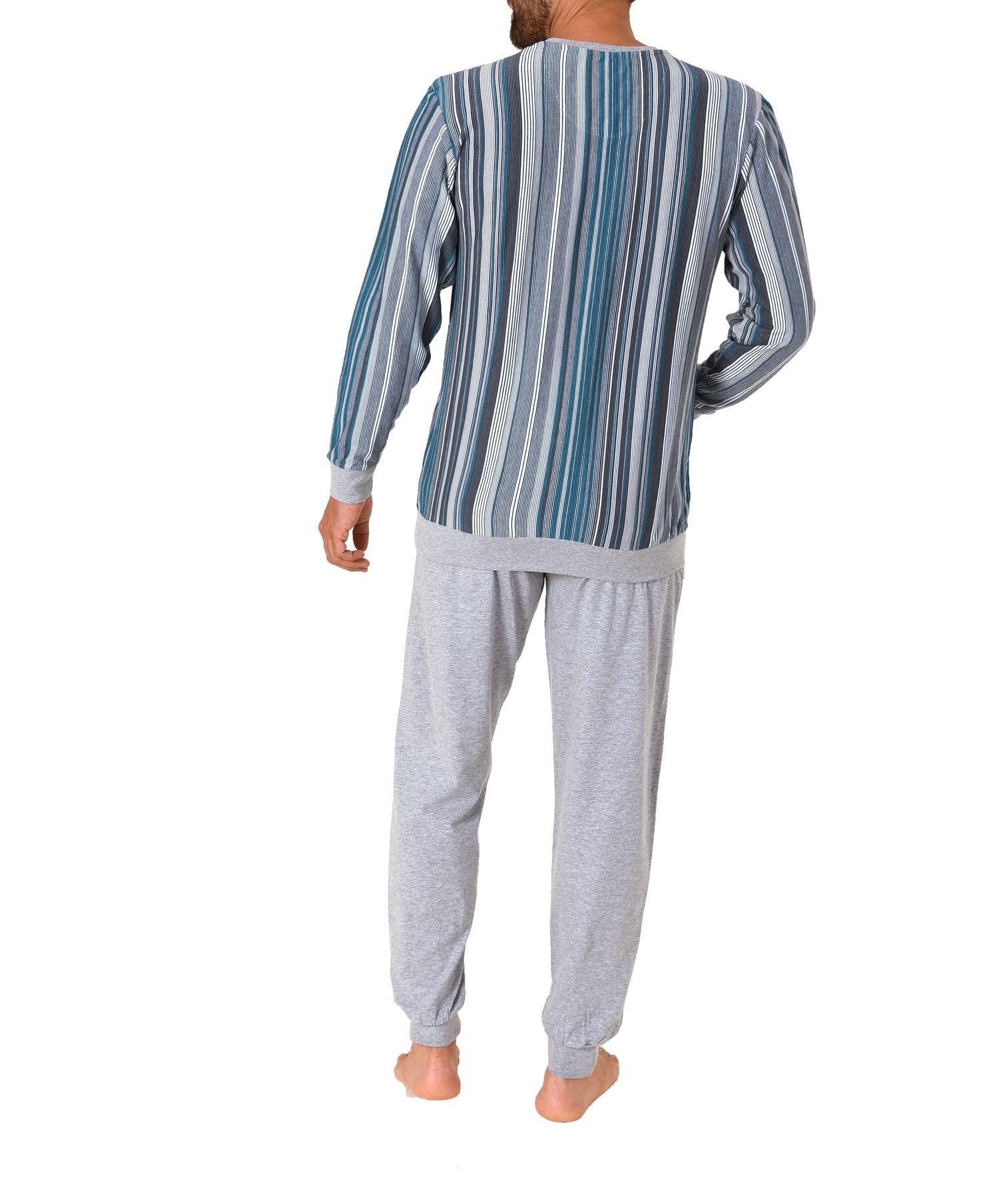 Eleganter Herren Pyjama Schlafanzug in Streifenoptik, Bündchen und Knopfleiste - 62792