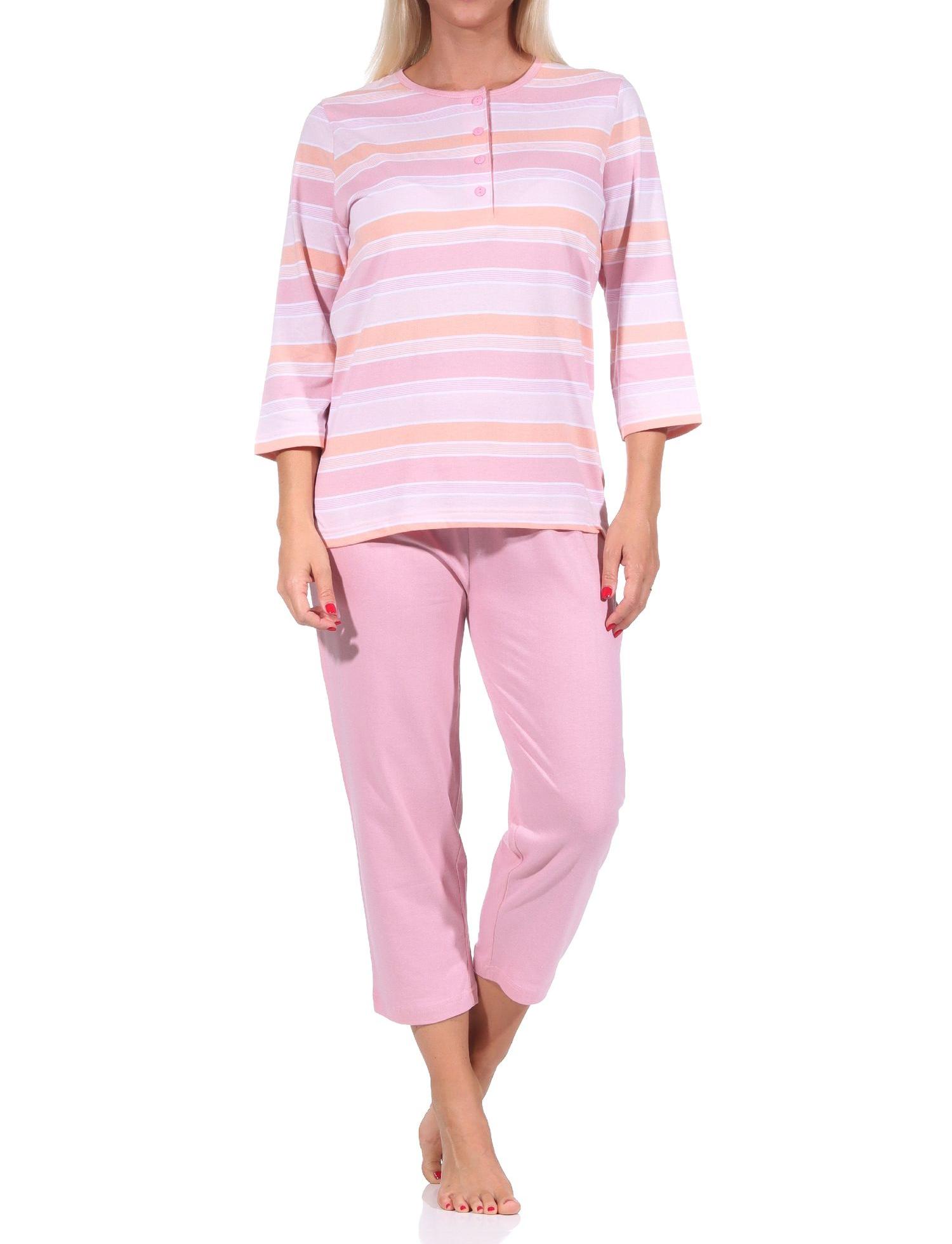 Damen Capri Pyjama Schlafanzug kurzarm in zarter pastellfarbener Streifenoptik 58581
