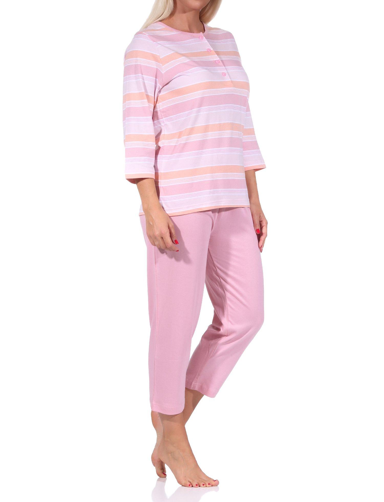 Damen Capri Pyjama Schlafanzug kurzarm in zarter pastellfarbener Streifenoptik 58581