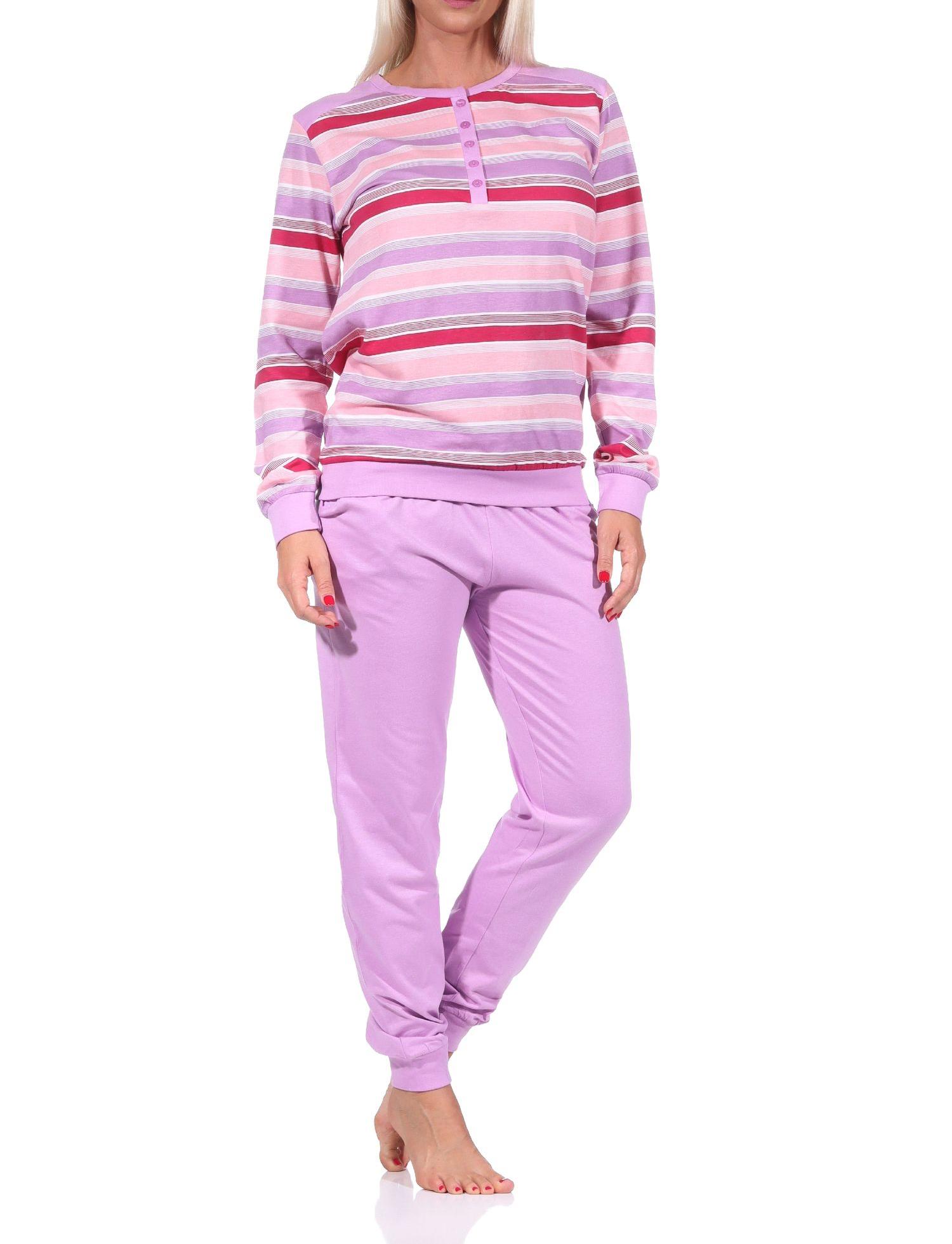 Damen Schlafanzug Pyjama mit Bündchen, geringeltes Oberteil - auch in Übergrössen - 62897