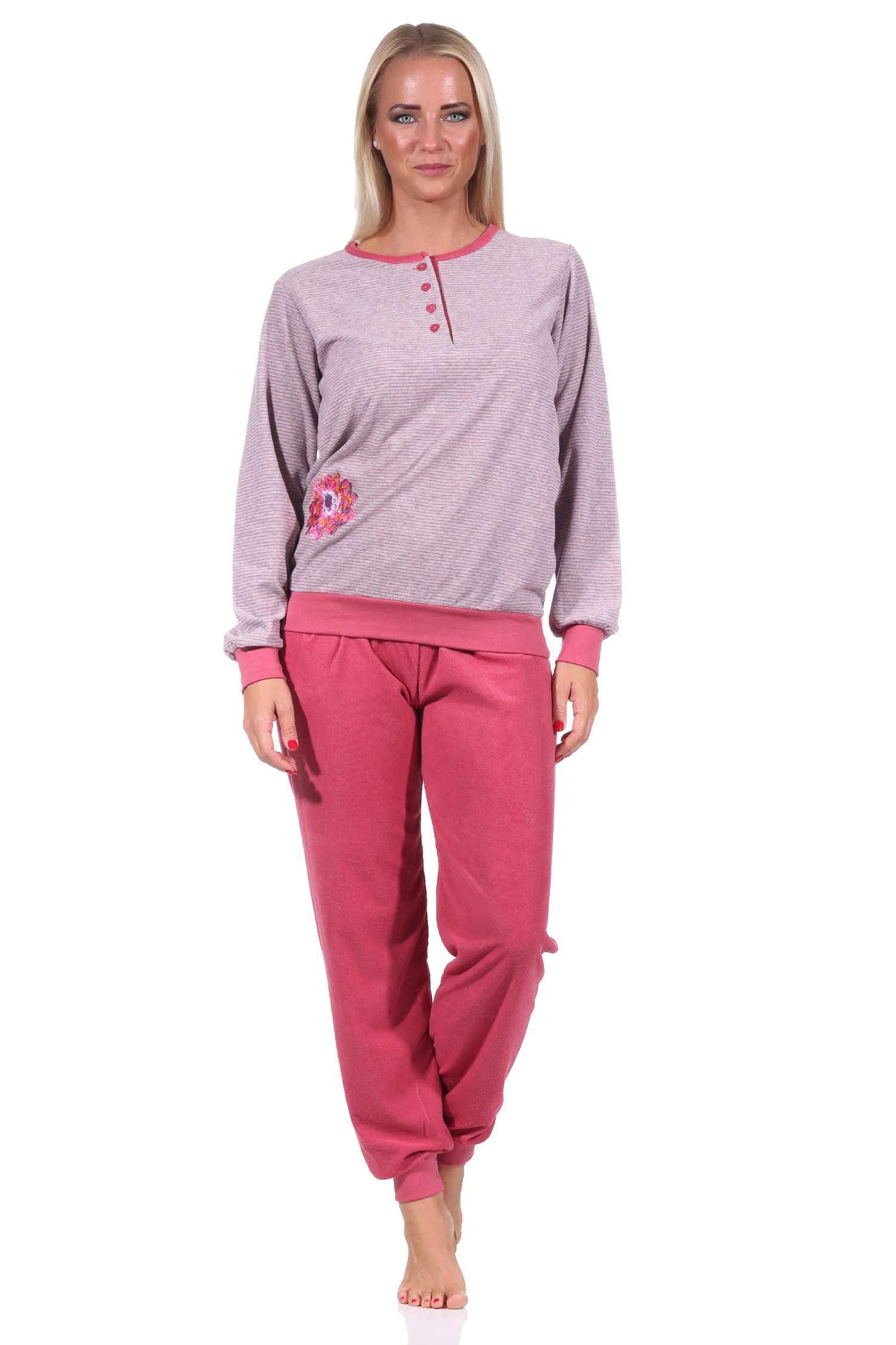 Damen Frottee Pyjama mit Bündchen im Streifendesign  und Knopfleiste - auch in Übergrössen
