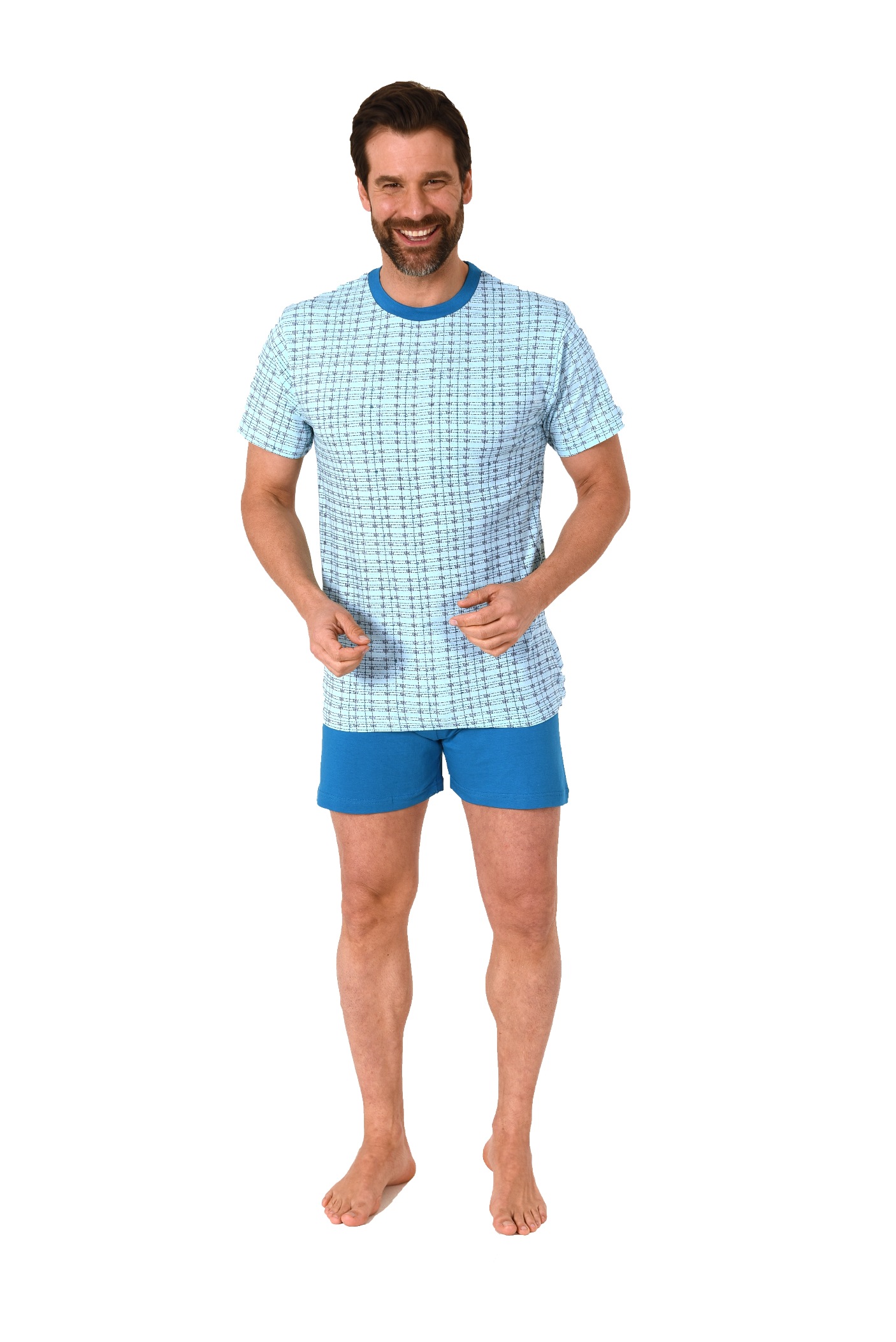 Herren kurzarm Schlafanzug Shorty Pyjama mit Rundhals in eleganter Optik - 122 105 10 811