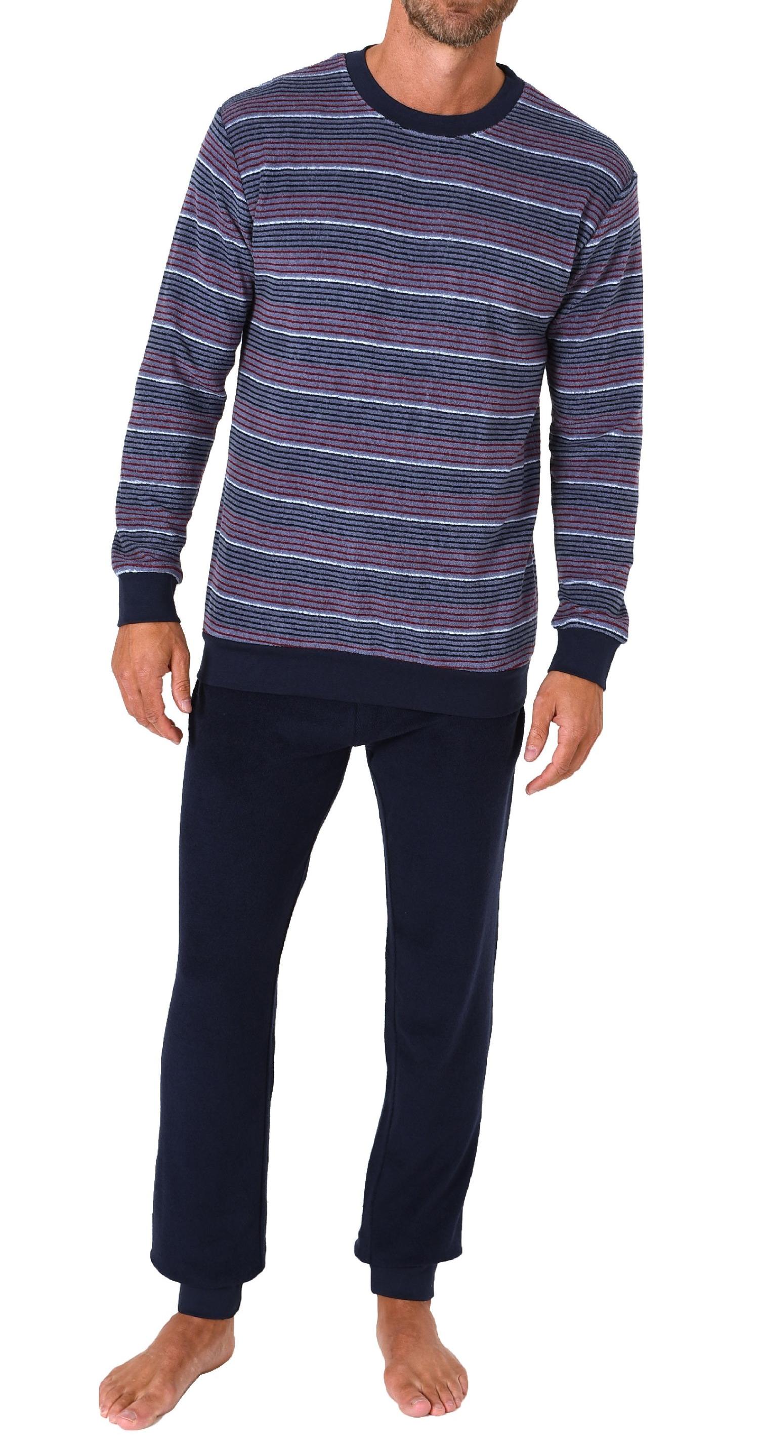 Herren Frottee Pyjama Schlafanzug lang mit Bündchen in Streifenoptik - auch in Übergrössen