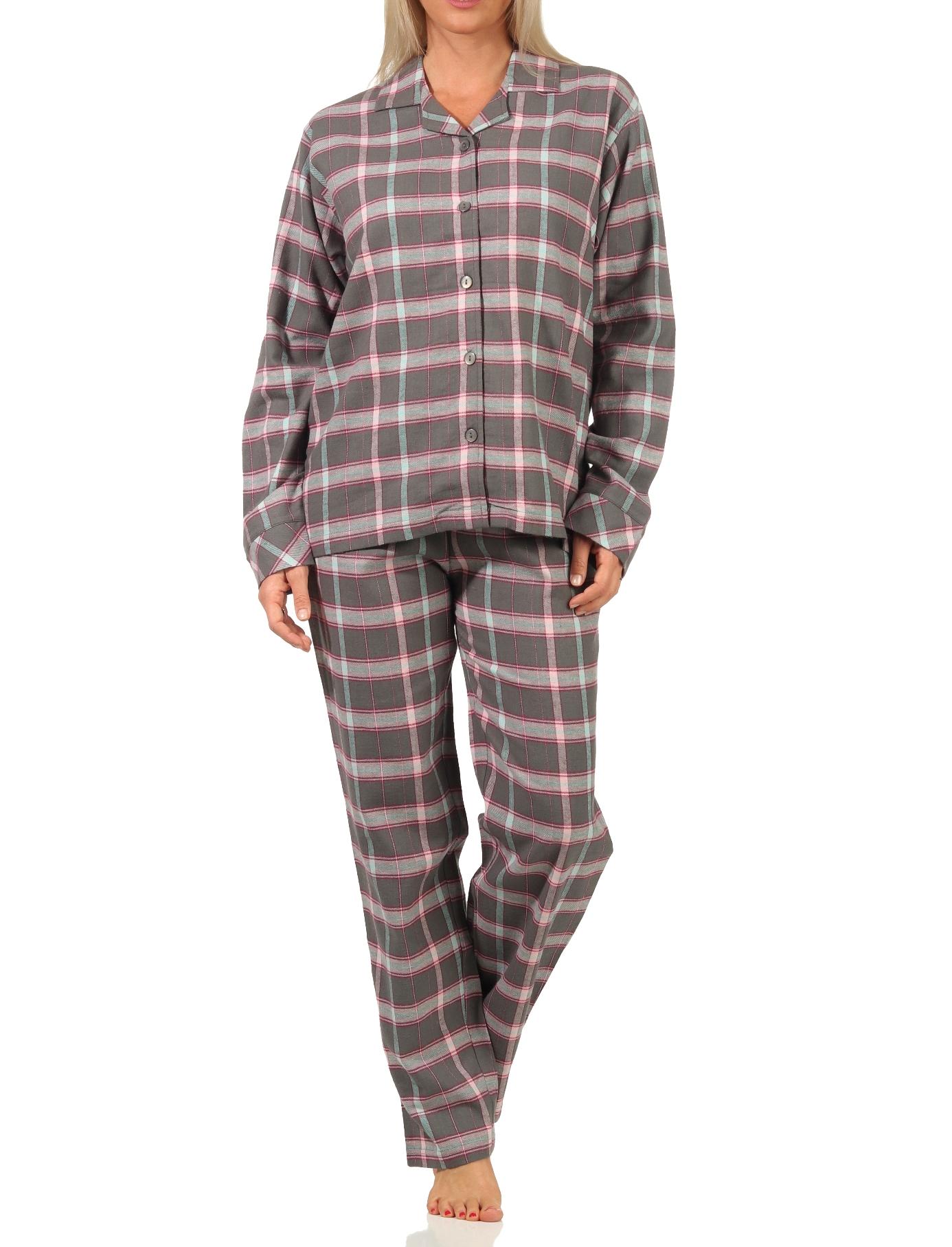 Damen Flanell Pyjama Schlafanzug kariert mit Knopfleiste und Hemdkragen - 222 201 15 851