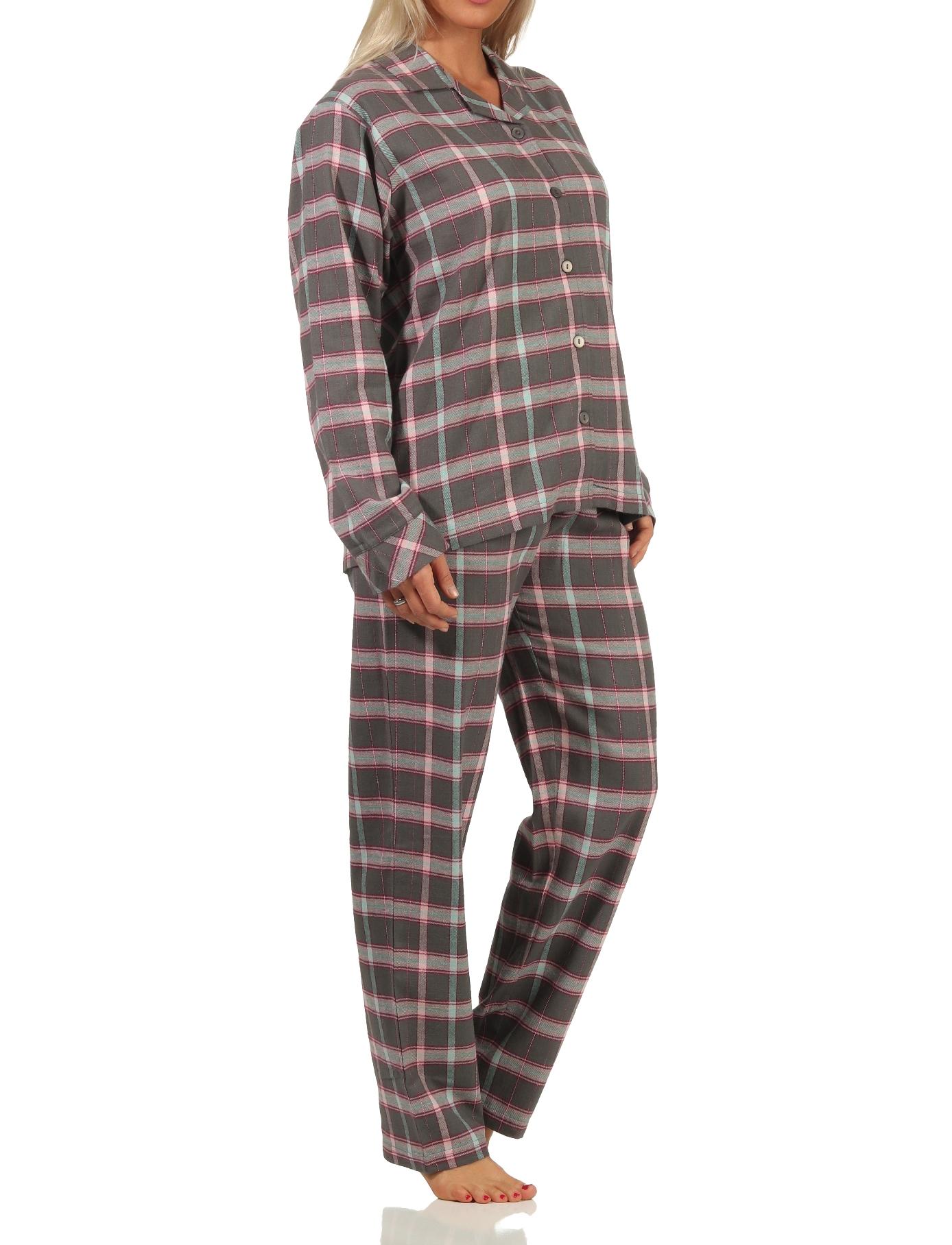 Damen Flanell Pyjama Schlafanzug kariert mit Knopfleiste und Hemdkragen - 222 201 15 851