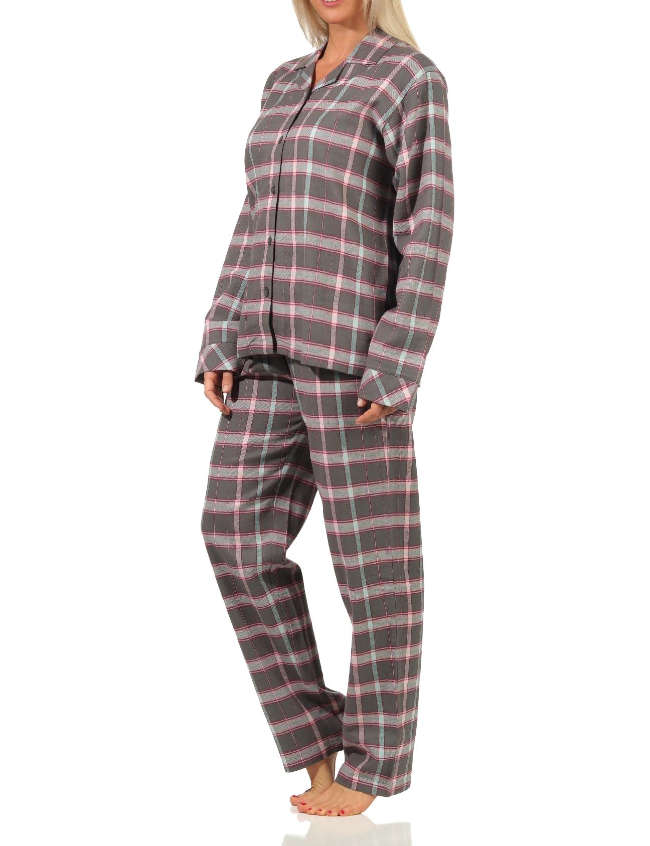Damen Flanell Pyjama Schlafanzug kariert mit Knopfleiste und Hemdkragen - 222 201 15 851