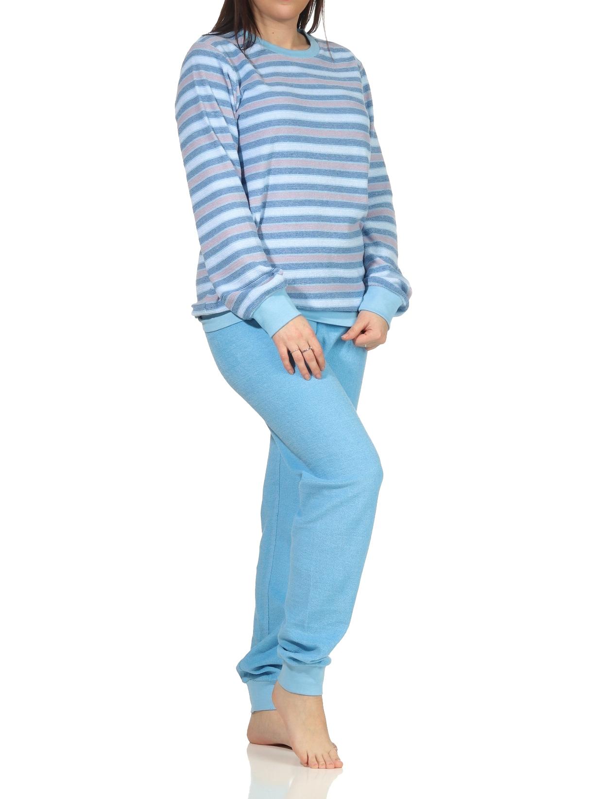 Damen Frottee Schlafanzug Pyjama mit Bündchen in Ringeloptik - auch in Übergrössen