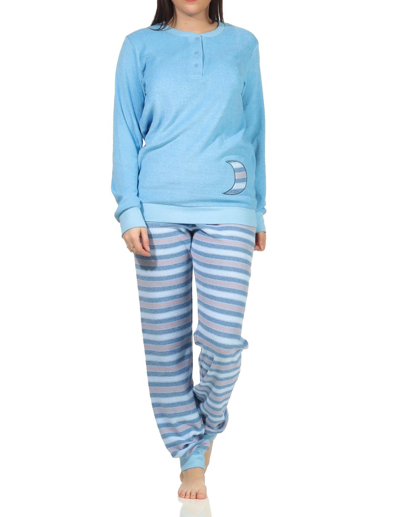 Damen Frottee Schlafanzug Pyjama mit Bündchen - Hose gestreift - auch in Übergrössen