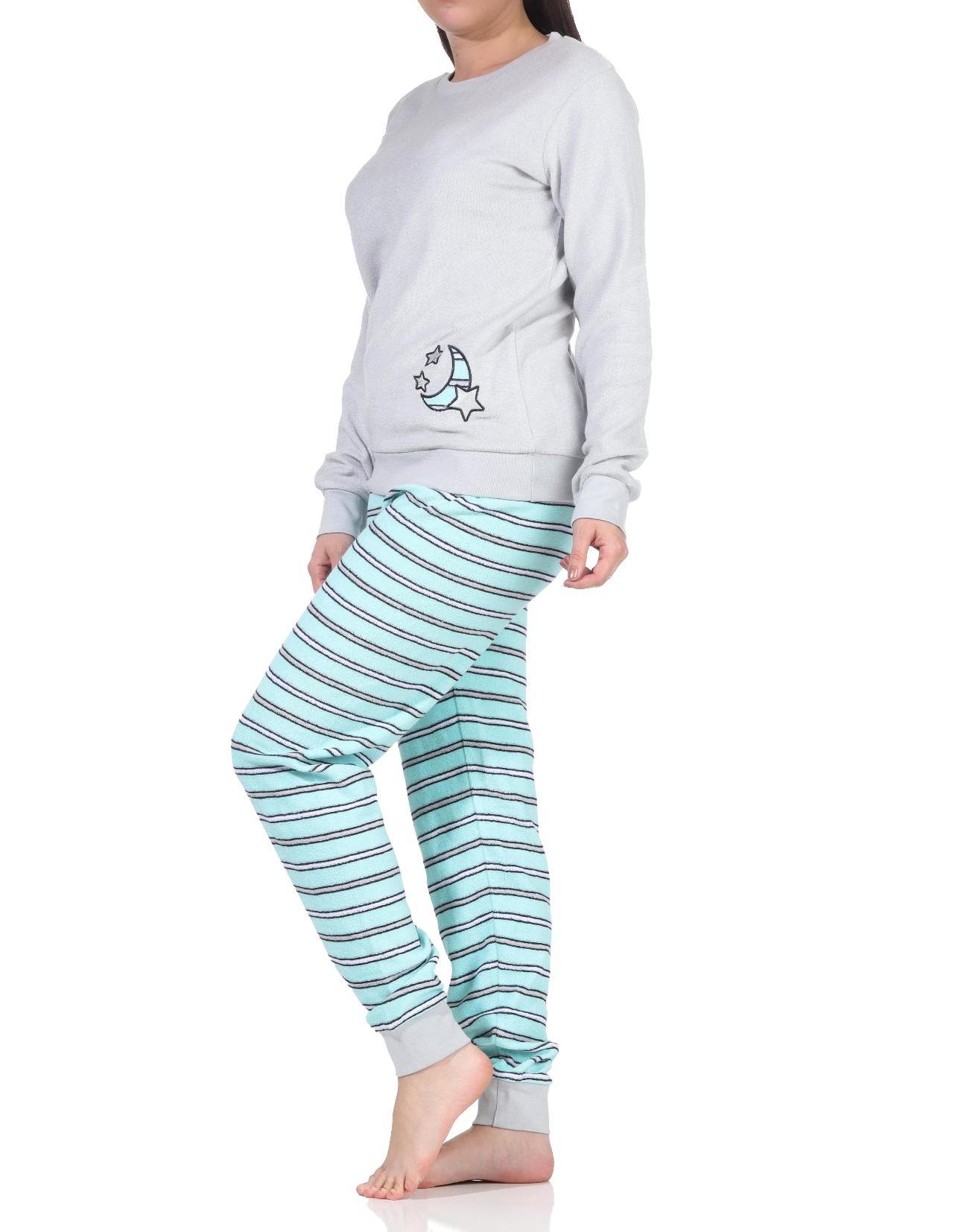 Damen Frottee Schlafanzug mit Bündchen - Hose gestreift, Oberteil mit Mond Applikation