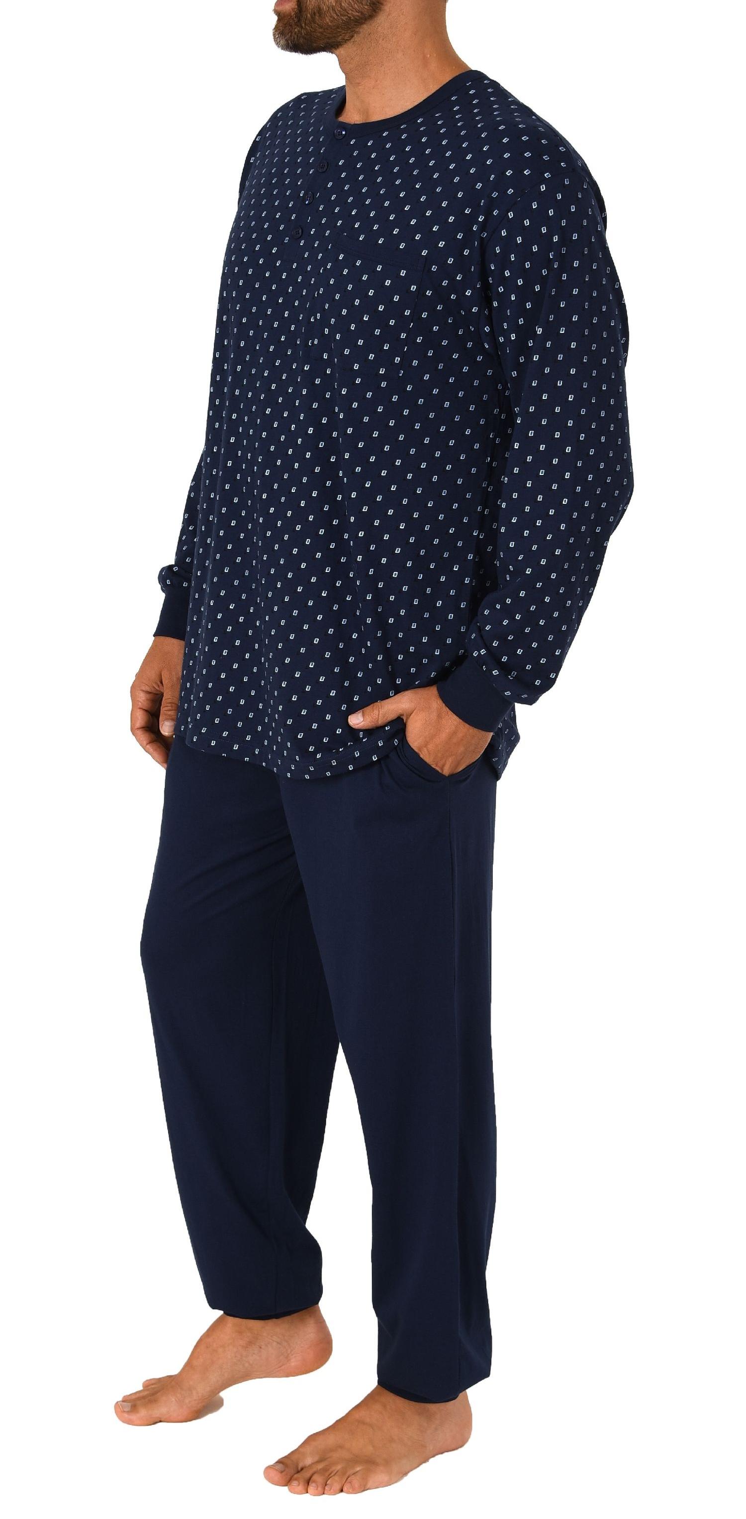 Herren langarm Pyjama Schlafanzug mit Bündchen und Knopfleiste am Hals - 212 101 90 754