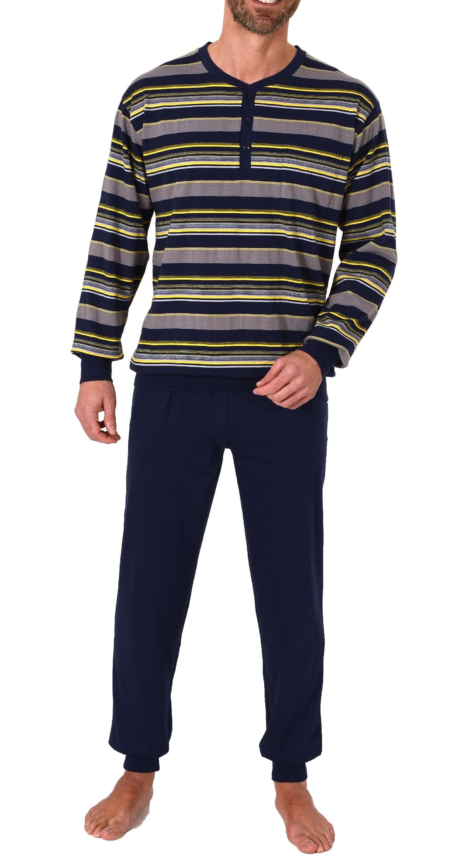 Herren Pyjama lang mit Bündchen und Knopfleiste in eleganter Streifenoptik - 212 90 772