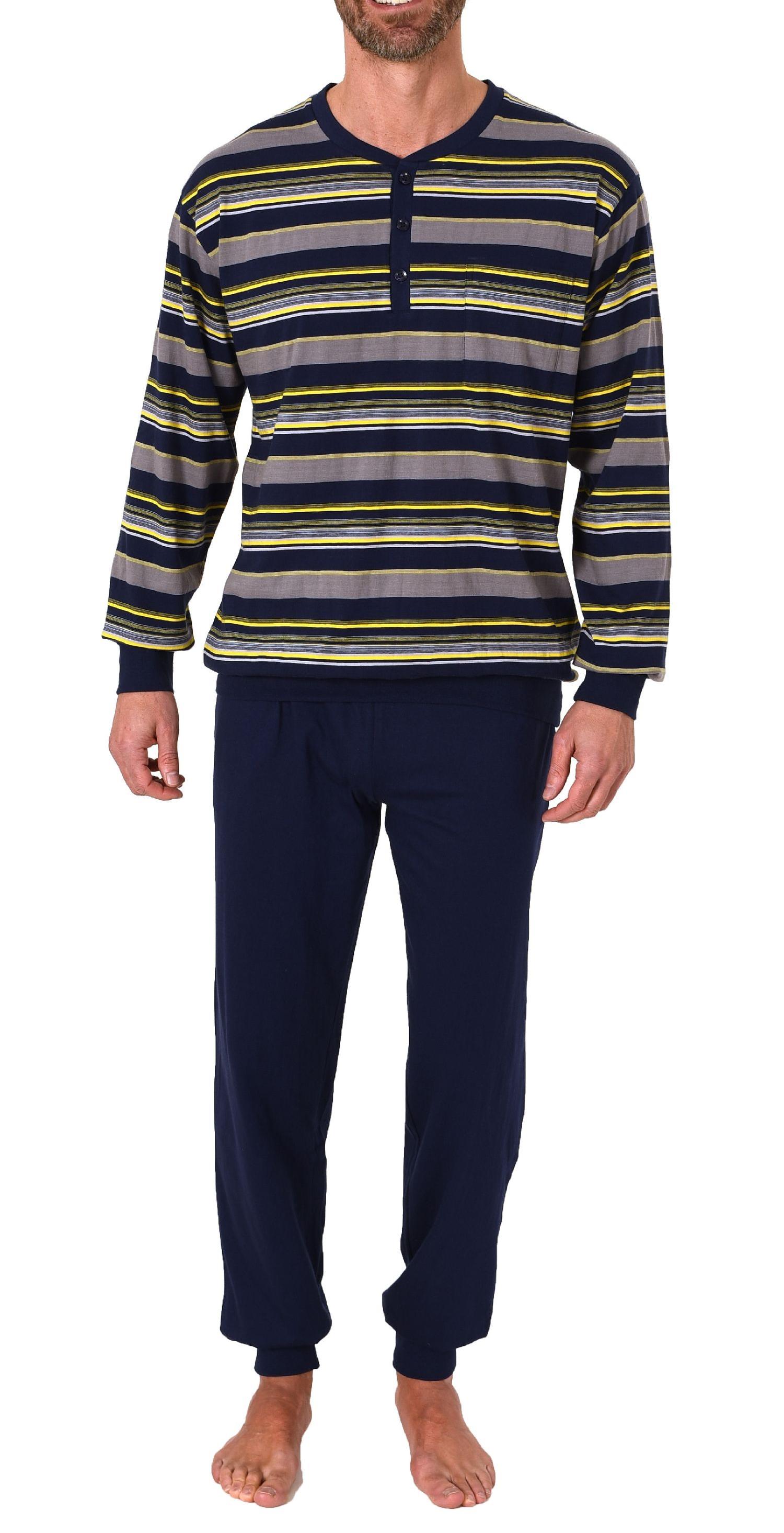 Herren Pyjama lang mit Bündchen und Knopfleiste in eleganter Streifenoptik - 212 90 772