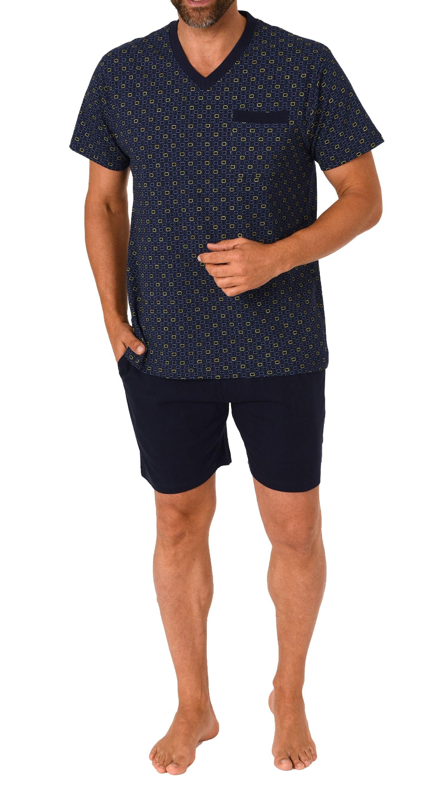 Herren Schlafanzug kurzarm Pyjama Shorty in eleganten Minimalprint mit V-Hals - 212 544