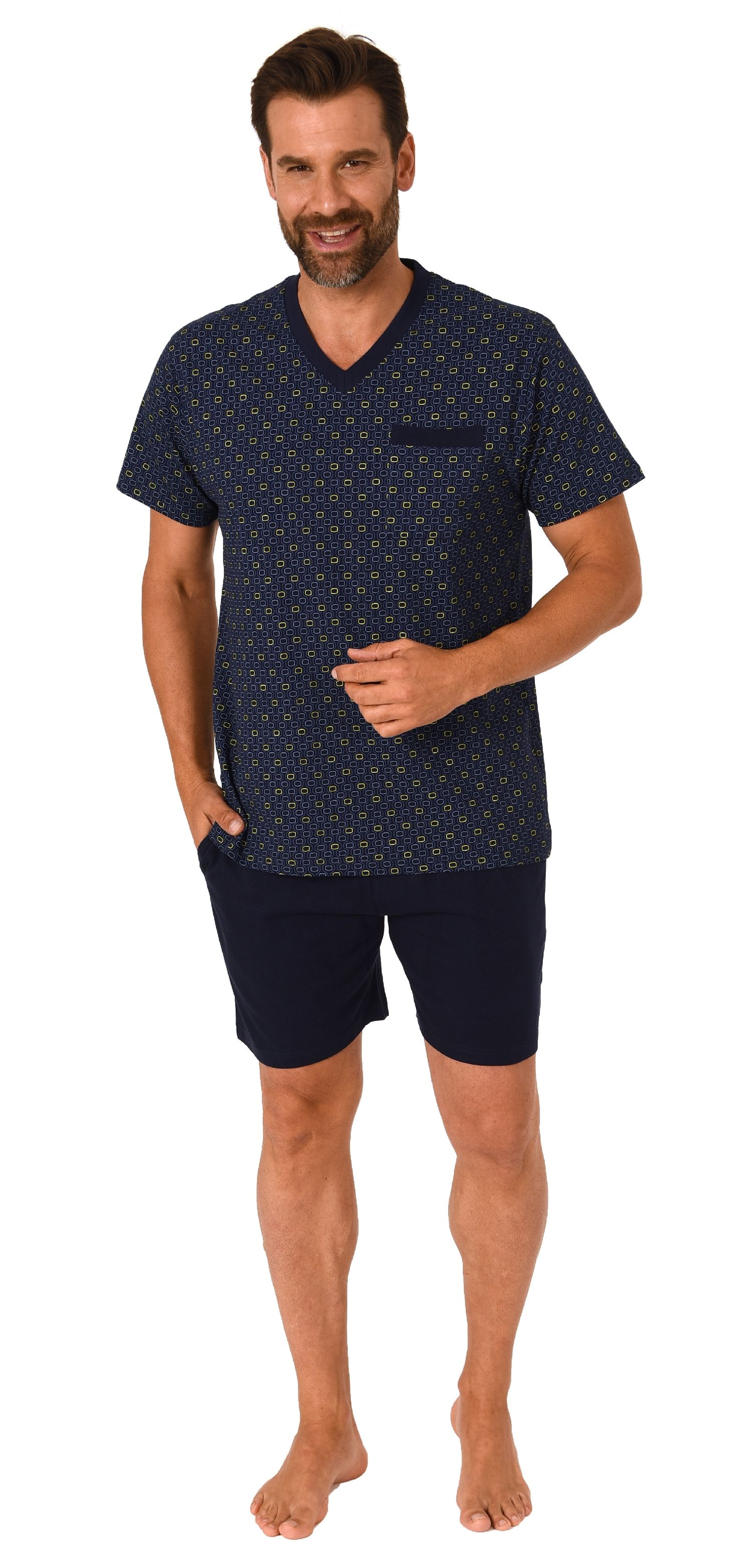 Herren Schlafanzug kurzarm Pyjama Shorty in eleganten Minimalprint mit V-Hals - 212 544