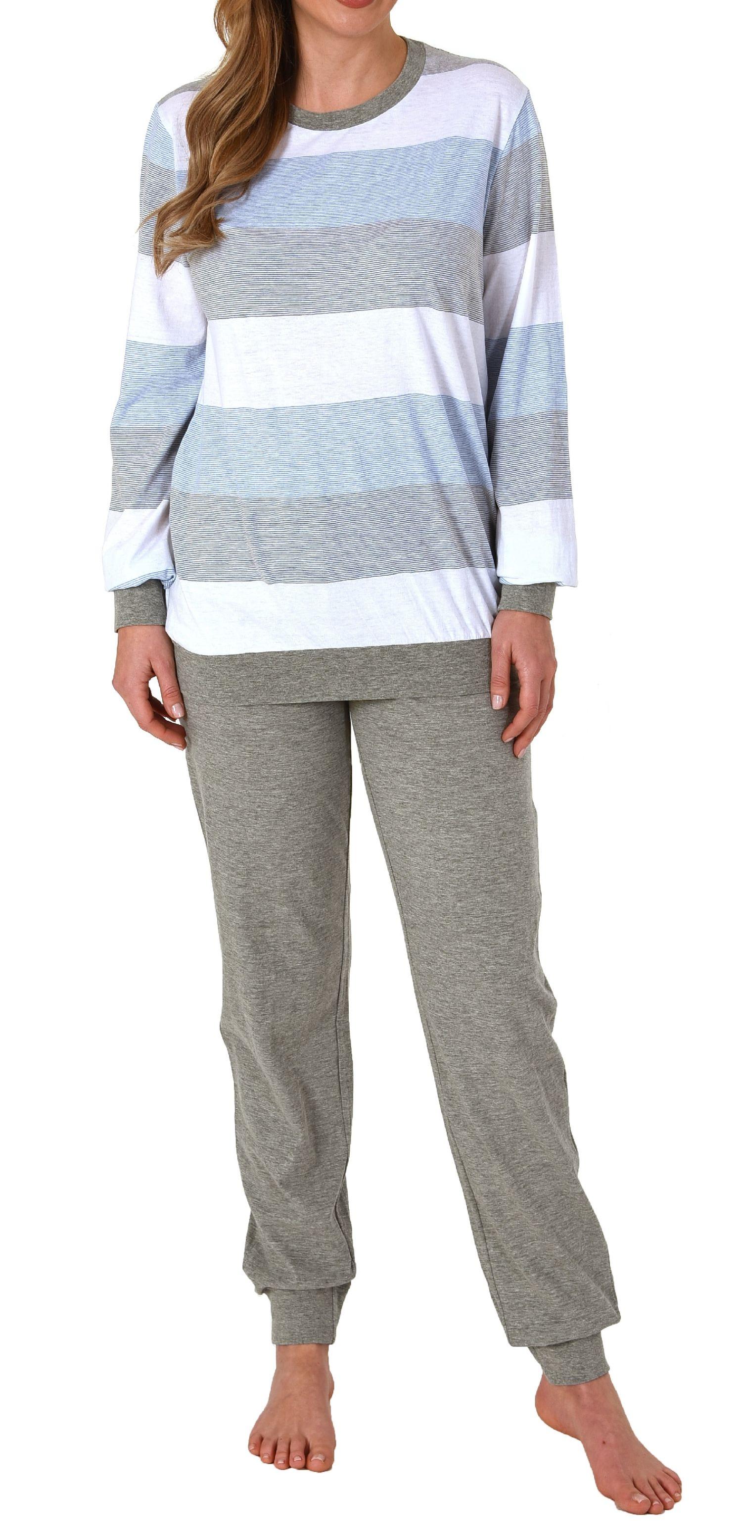 Damen Pyjama mit Bündchen Schlafanzug in Blockstreifenoptik - auch in Übergrössen