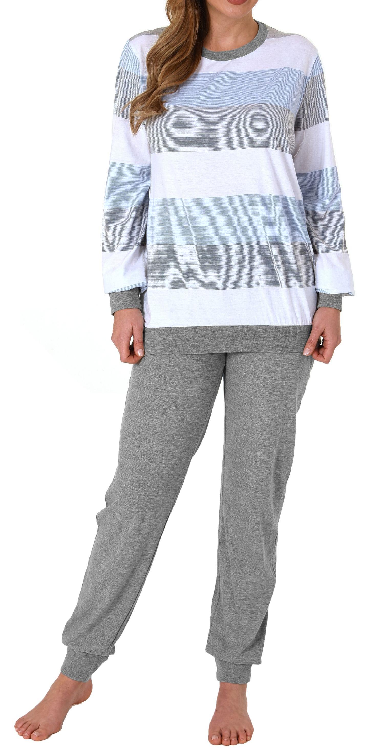 Damen Pyjama mit Bündchen Schlafanzug in Blockstreifenoptik - auch in Übergrössen
