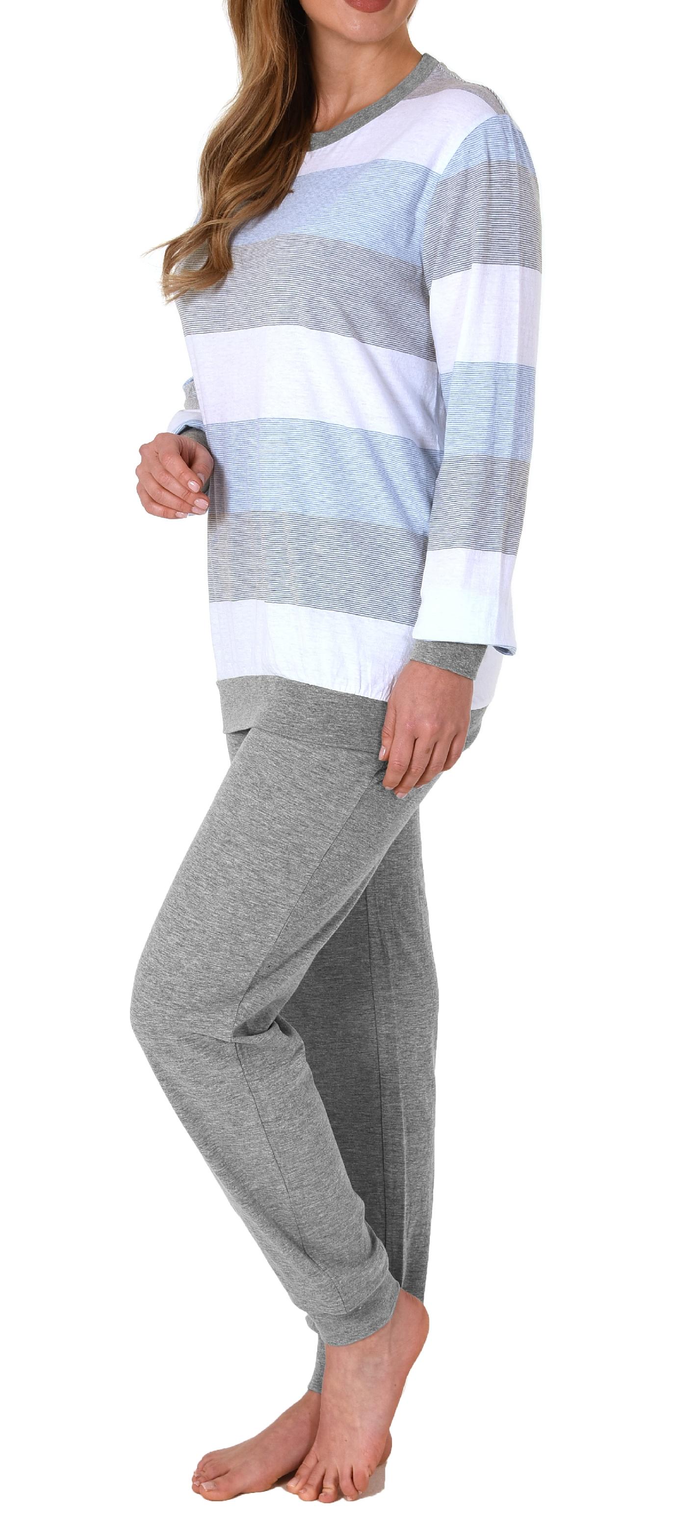Damen Pyjama mit Bündchen Schlafanzug in Blockstreifenoptik - auch in Übergrössen