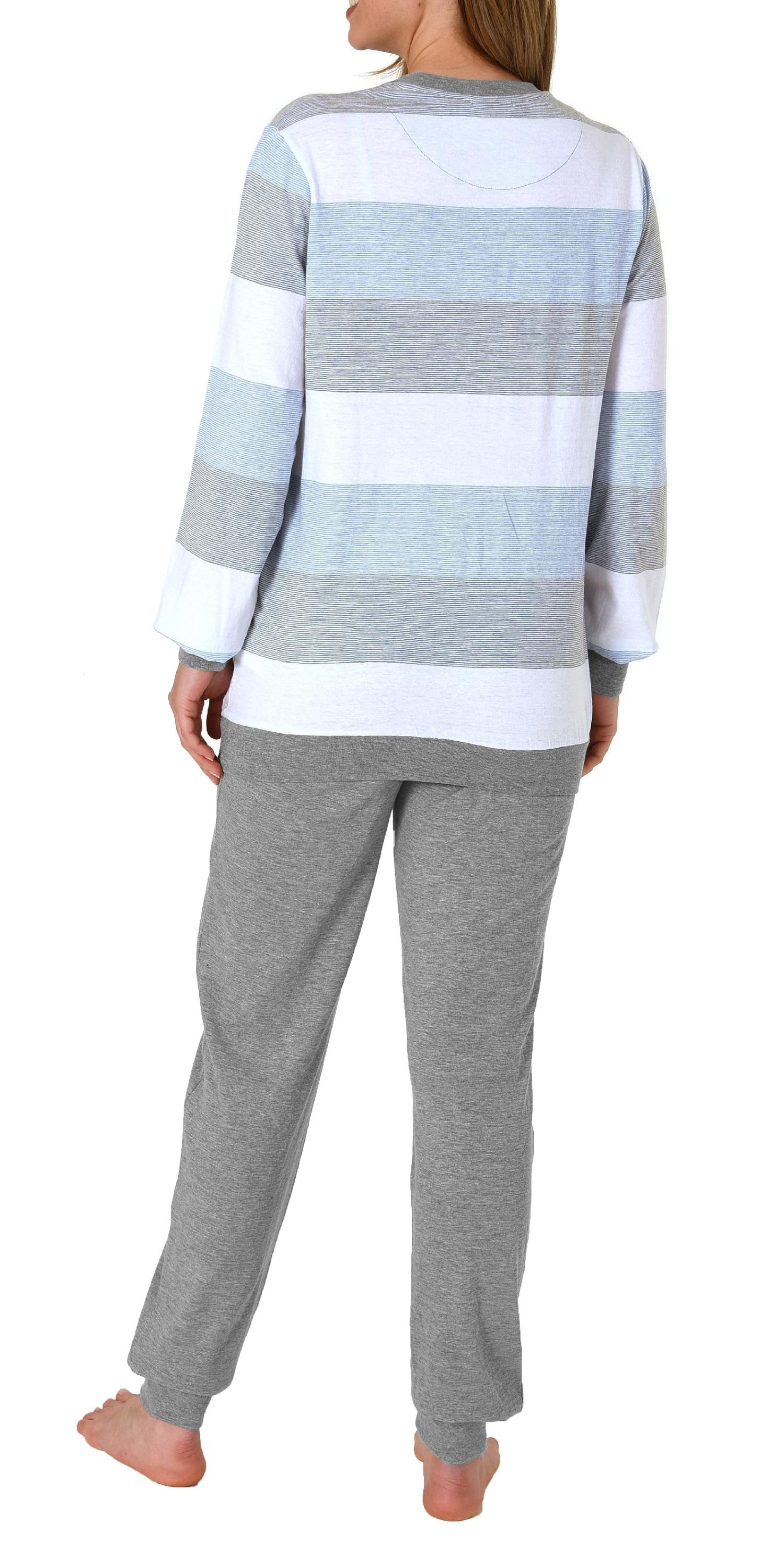 Damen Pyjama mit Bündchen Schlafanzug in Blockstreifenoptik - auch in Übergrössen