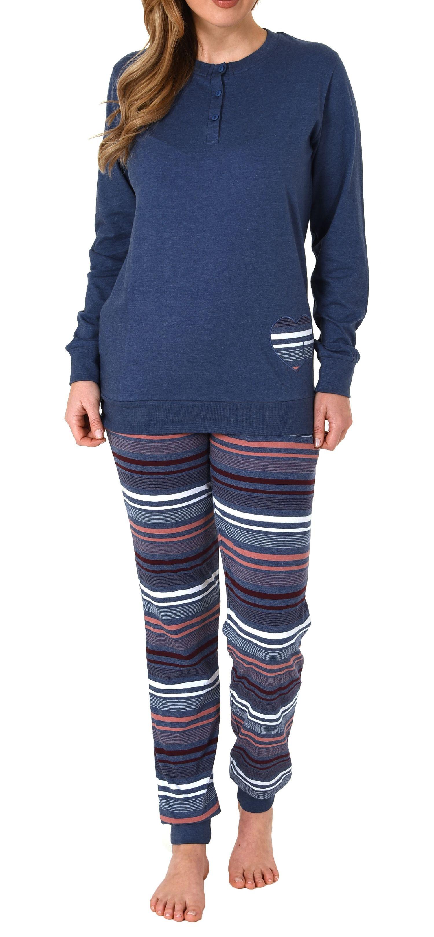Eleganter Damen Pyjama mit Bündchen und gestreifter Hose + Herzmotiv - auch in Übergrössen