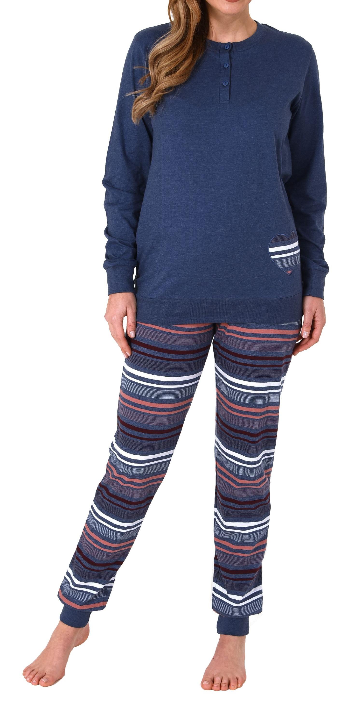 Eleganter Damen Pyjama mit Bündchen und gestreifter Hose + Herzmotiv - auch in Übergrössen