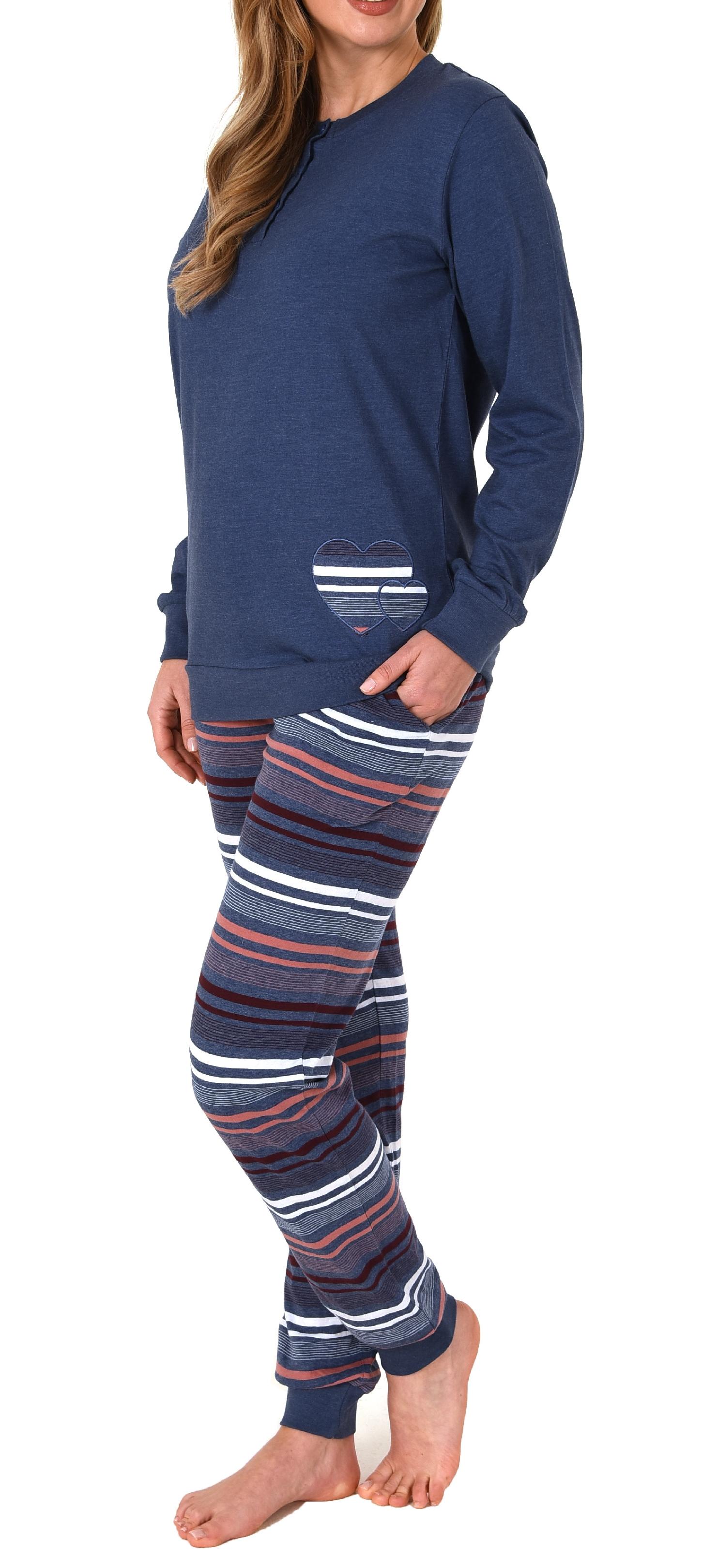 Eleganter Damen Pyjama mit Bündchen und gestreifter Hose + Herzmotiv - auch in Übergrössen
