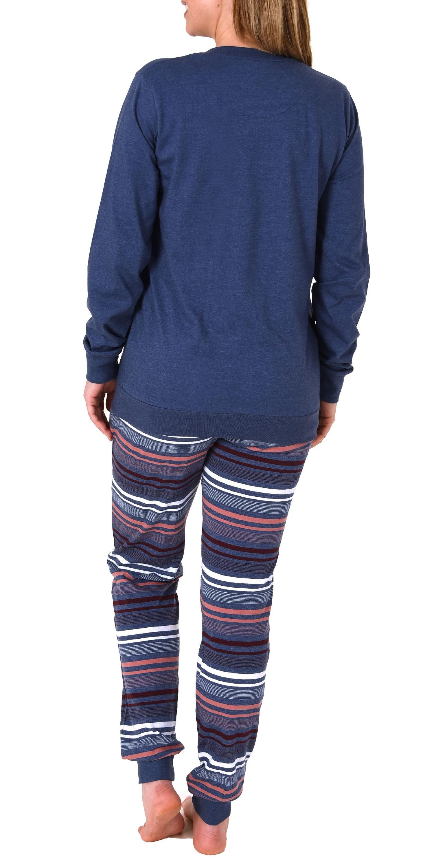 Eleganter Damen Pyjama mit Bündchen und gestreifter Hose + Herzmotiv - auch in Übergrössen