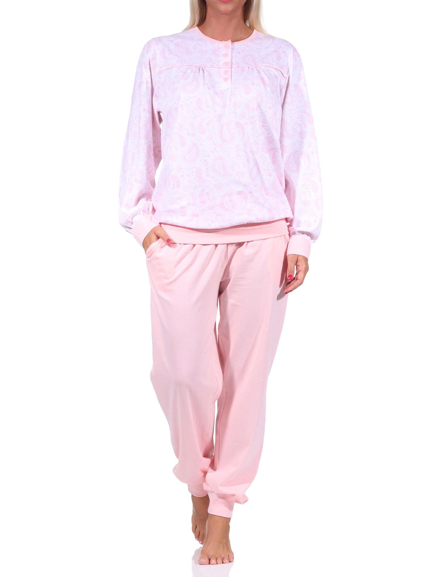 Eleganter Damen Pyjama Schlafanzug mit Bündchen und Knopfleiste am Hals in Paisley Design