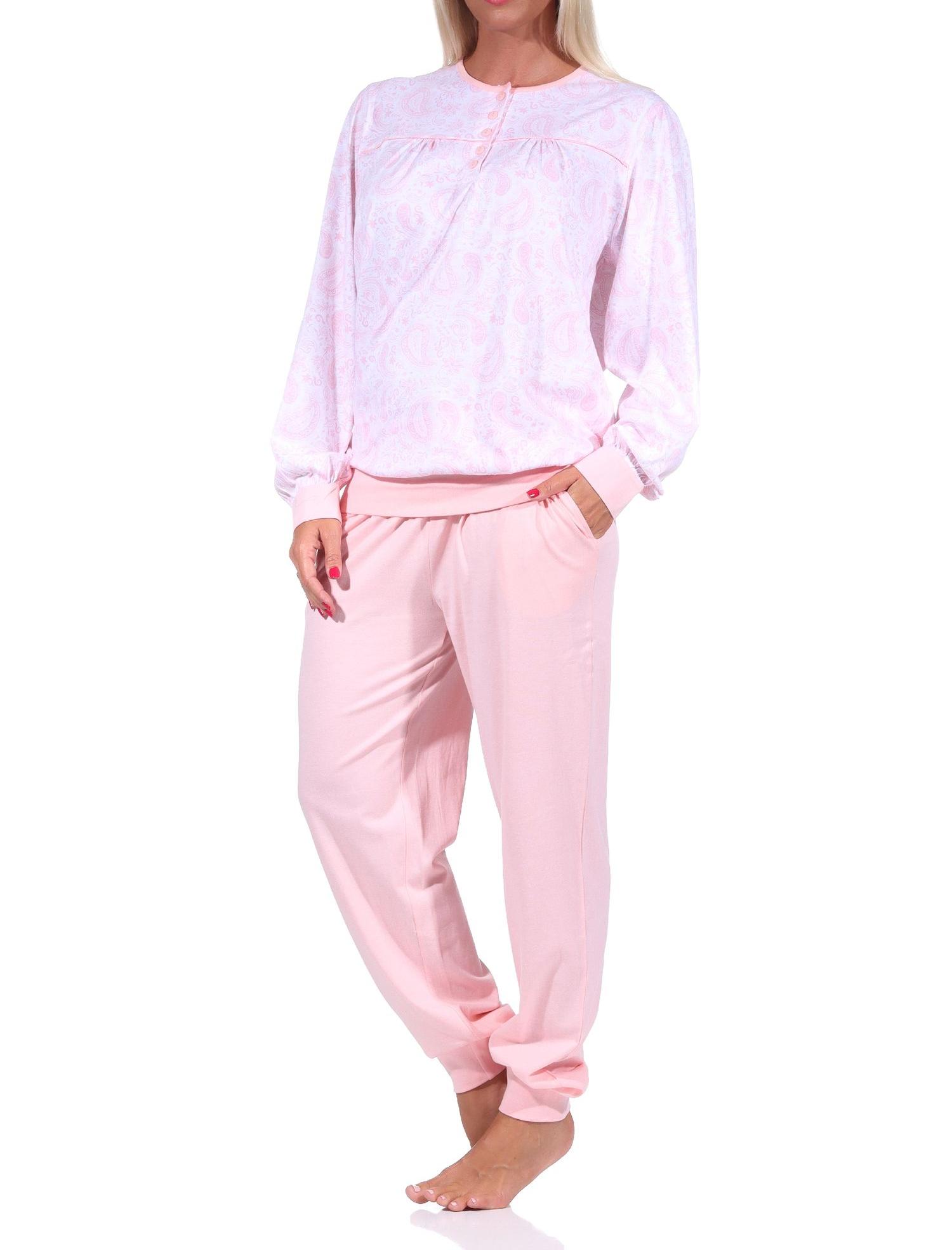Eleganter Damen Pyjama Schlafanzug mit Bündchen und Knopfleiste am Hals in Paisley Design
