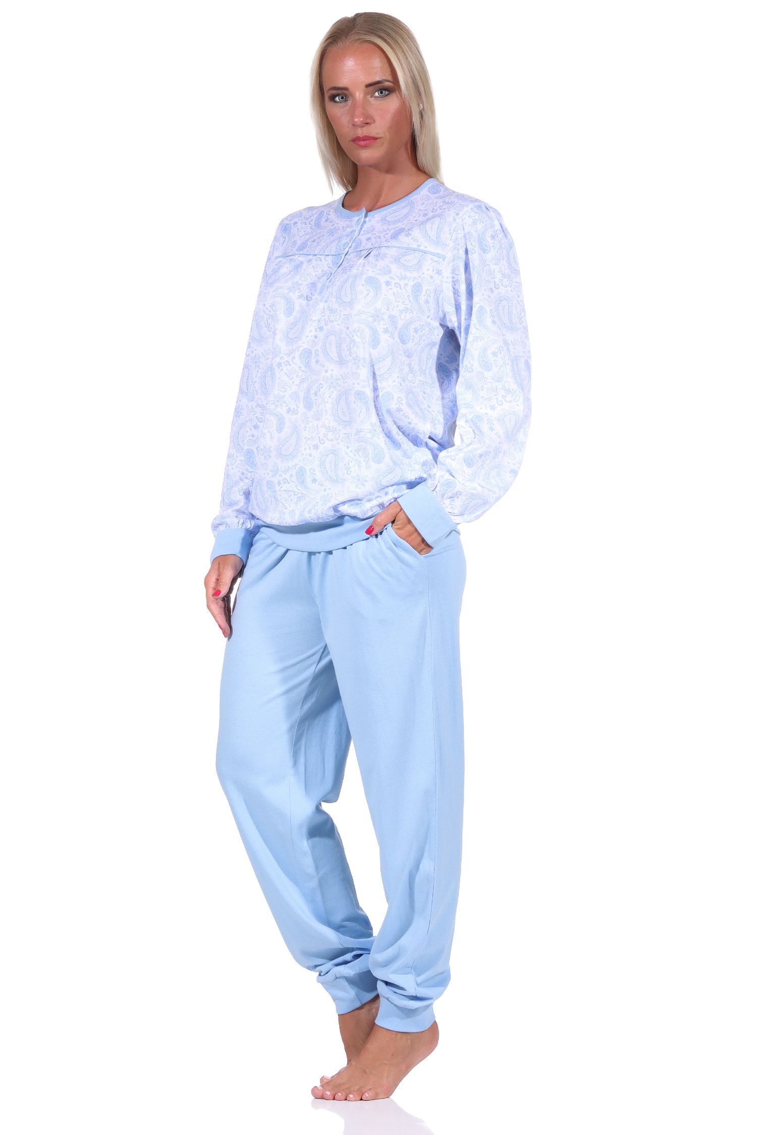 Eleganter Damen Pyjama Schlafanzug mit Bündchen und Knopfleiste am Hals in Paisley Design
