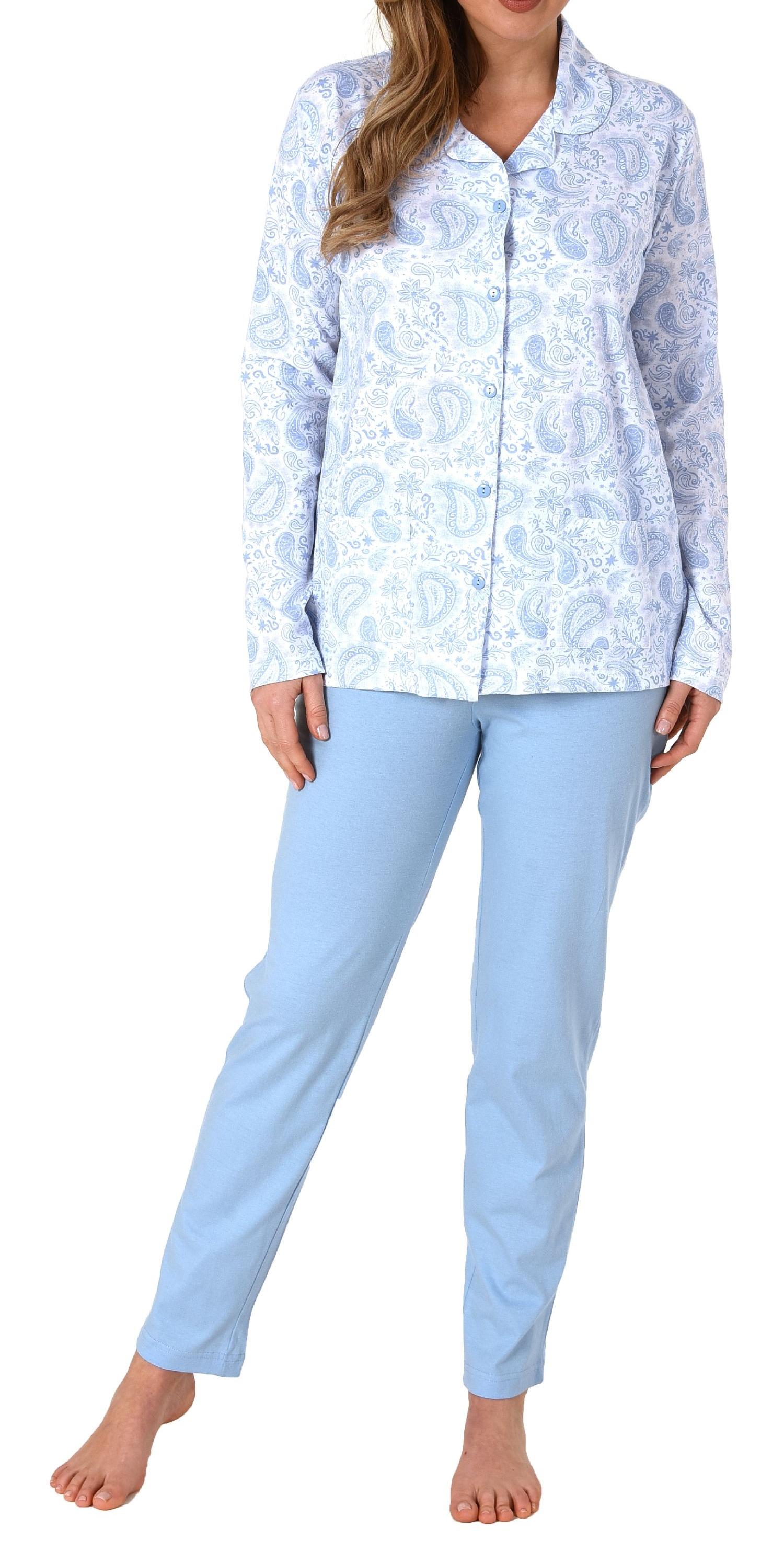 Edler Damen Pyjama langarm Schlafanzug zum durchknöpfen in Single Jersey Qualität