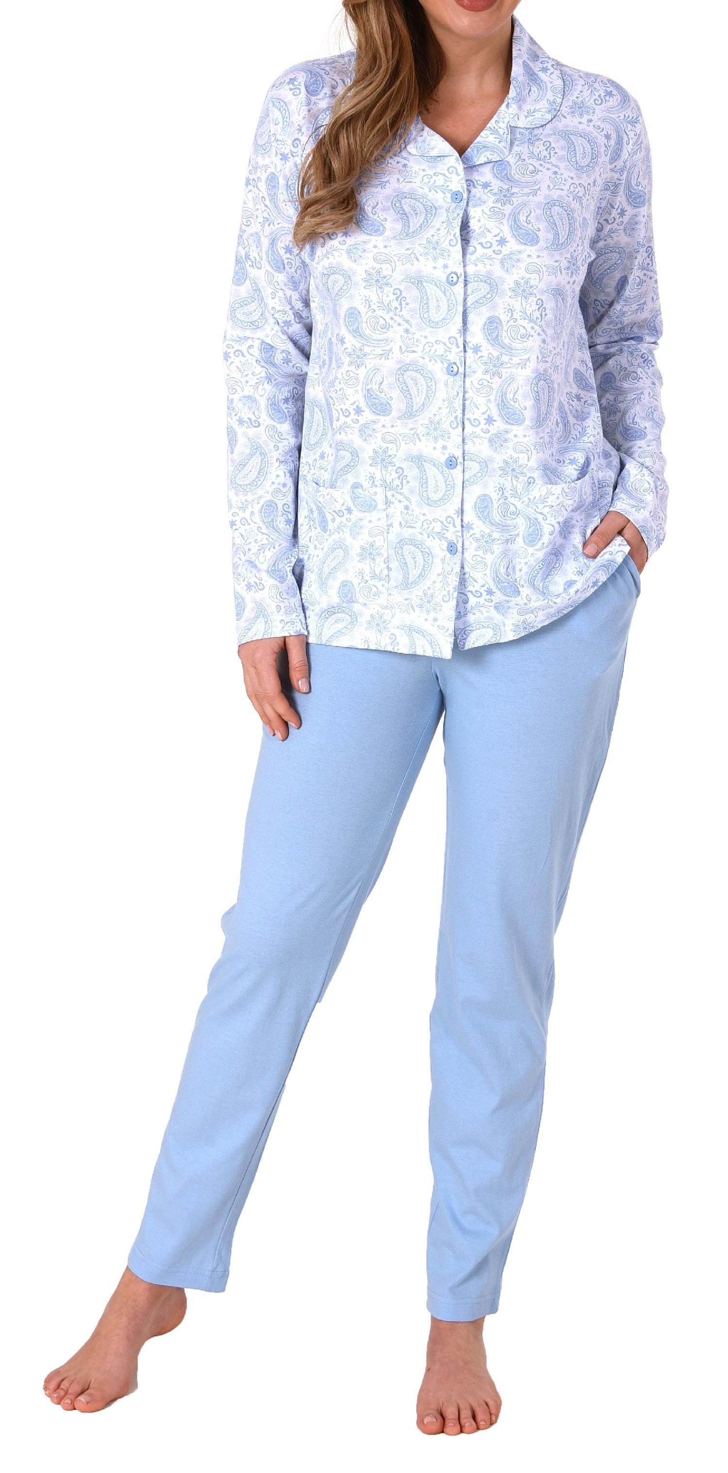 Edler Damen Pyjama langarm Schlafanzug zum durchknöpfen in Single Jersey Qualität