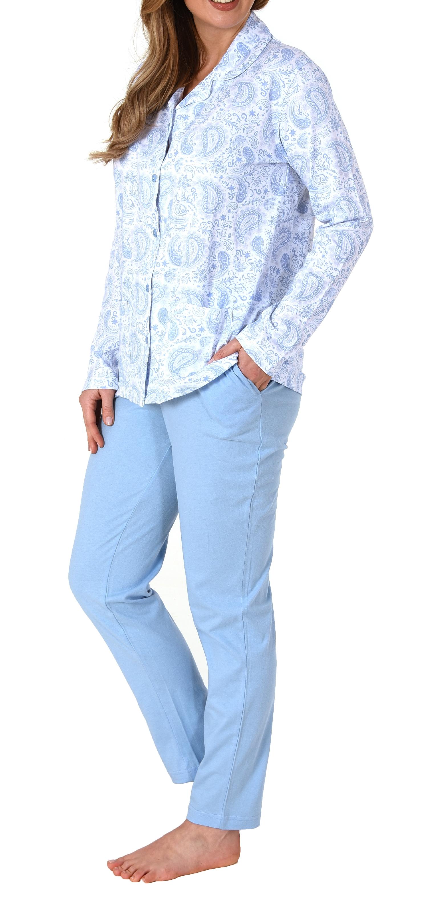 Edler Damen Pyjama langarm Schlafanzug zum durchknöpfen in Single Jersey Qualität