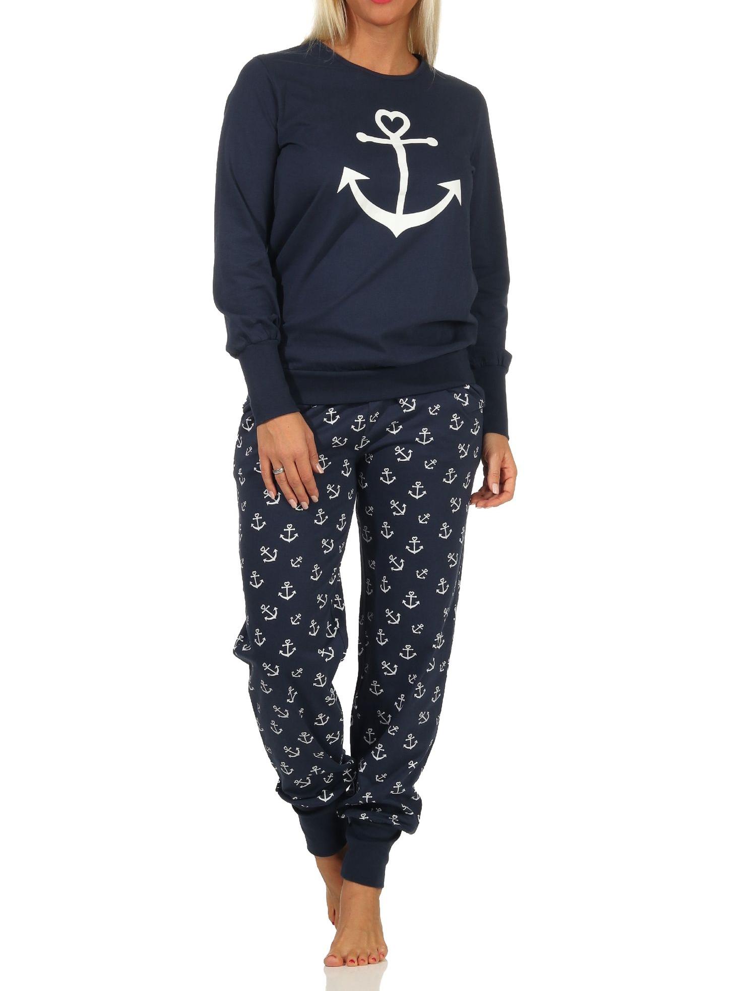 Damen Schlafanzug Pyjama mit Bündchen in maritimer Optik mit Anker als Motiv - 212 201 90 910 Damen Schlafanzug Pyjama mit Bündchen in maritimer Optik mit Anker als Motiv -212 90 910