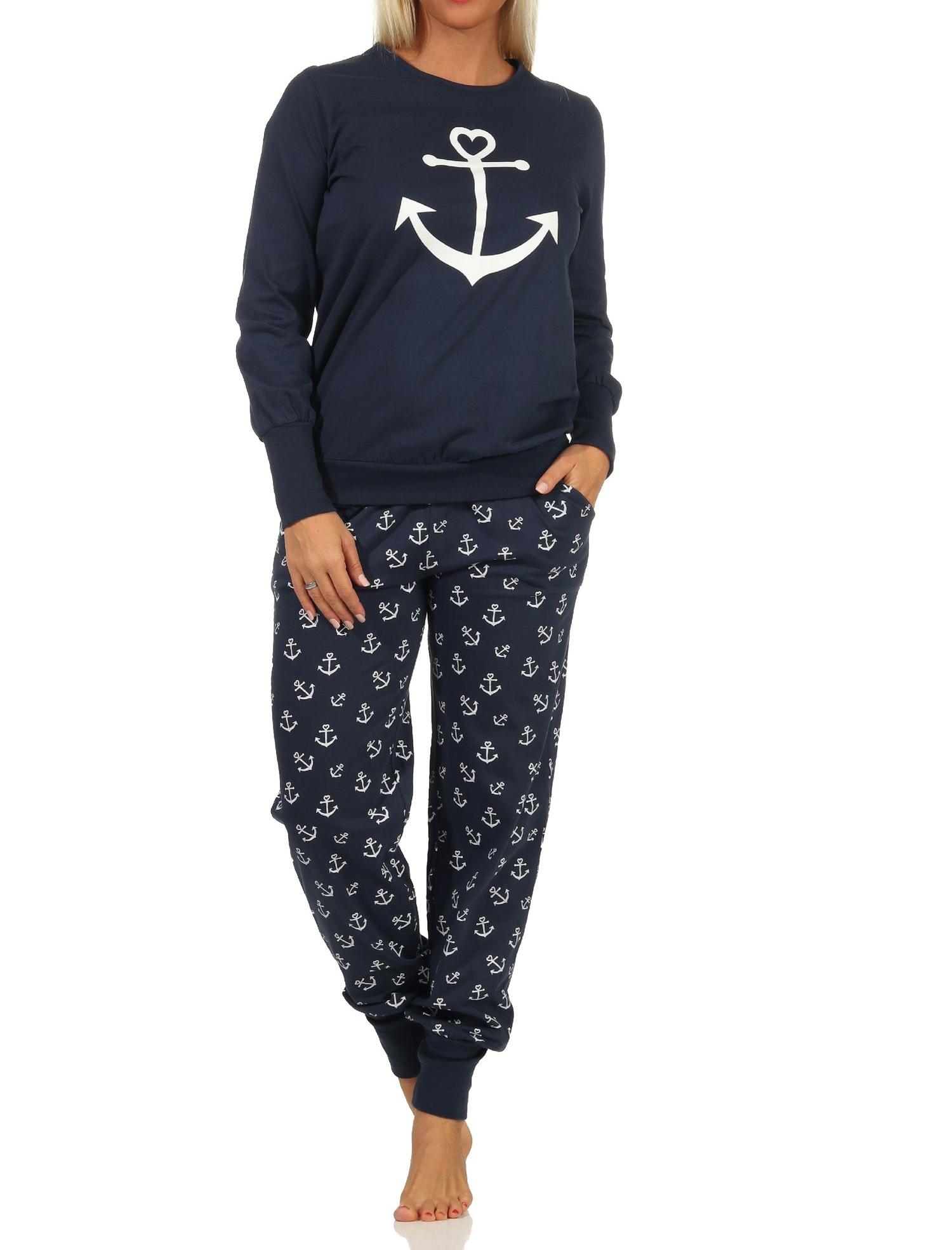 Damen Schlafanzug Pyjama mit Bündchen in maritimer Optik mit Anker als Motiv -212 90 910