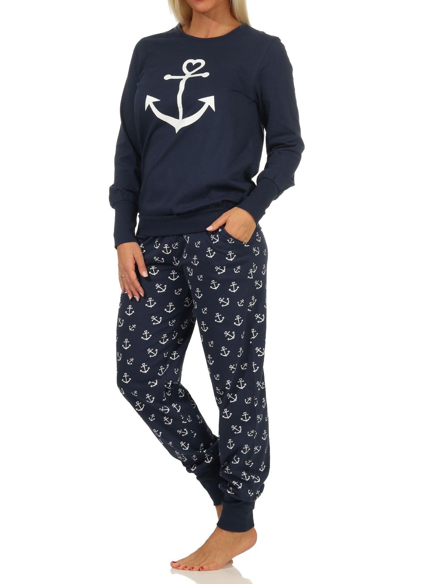Damen Schlafanzug Pyjama mit Bündchen in maritimer Optik mit Anker als Motiv -212 90 910