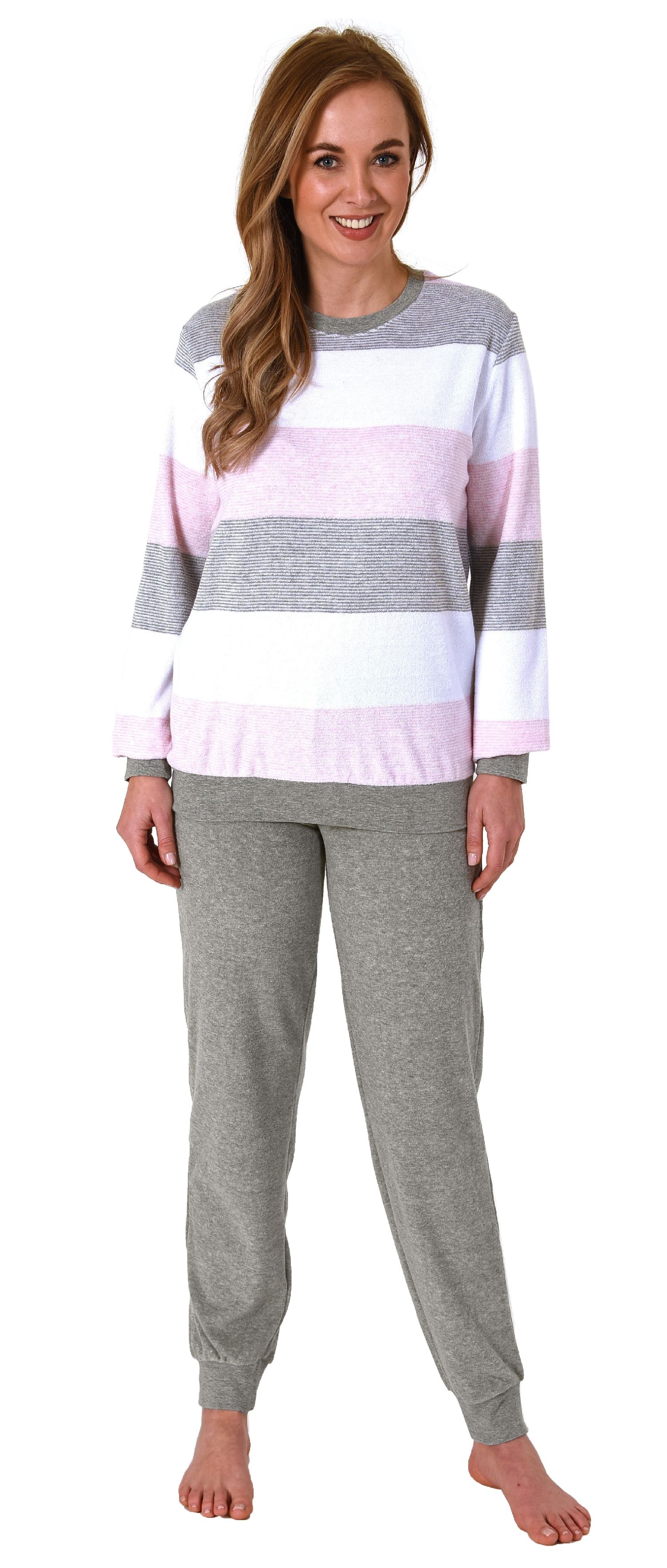 Damen Frottee Pyjama mit Bündchen in eleganter Block Streifenoptik - auch in Übergrössen