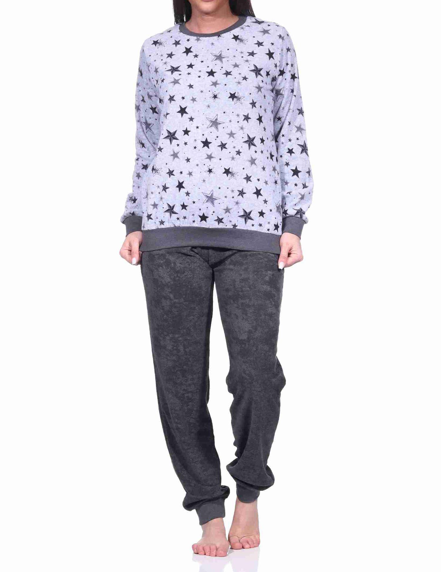 Damen Frottee Pyjama Schlafanzug mit Bündchen in edlen Sterne Design - auch in Übergrößen