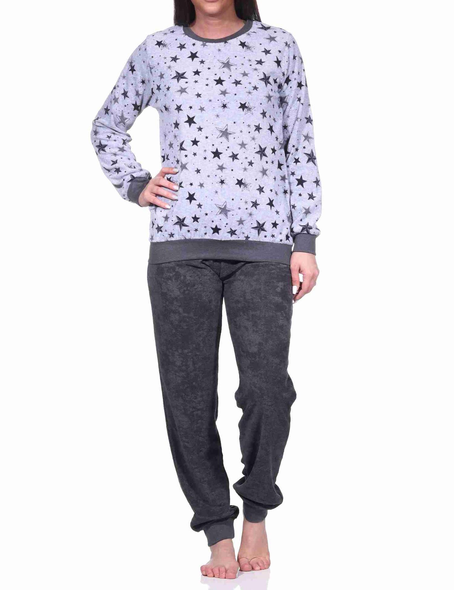 Damen Frottee Pyjama Schlafanzug mit Bündchen in edlen Sterne Design - auch in Übergrößen