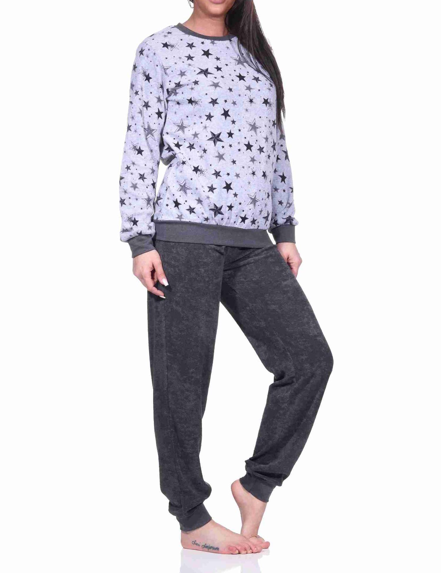 Damen Frottee Pyjama Schlafanzug mit Bündchen in edlen Sterne Design - auch in Übergrößen