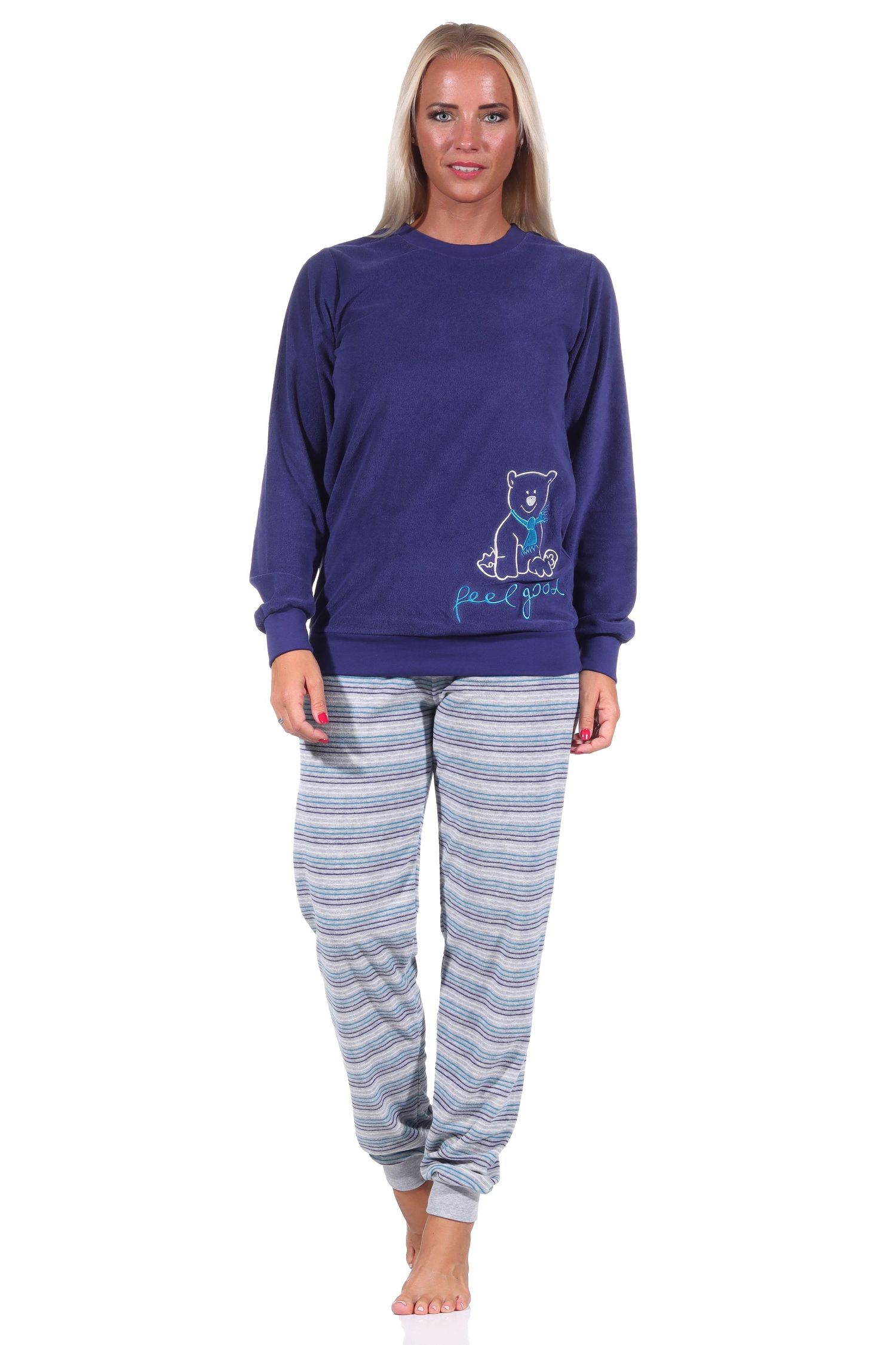Damen Frottee Pyjama Schlafanzug mit Bündchen und süssen Tiermotiv + gestreifter Hose Damen Frottee Pyjama Schlafanzug mit Bündchen und süssen Tiermotiv + gestreifter Hose