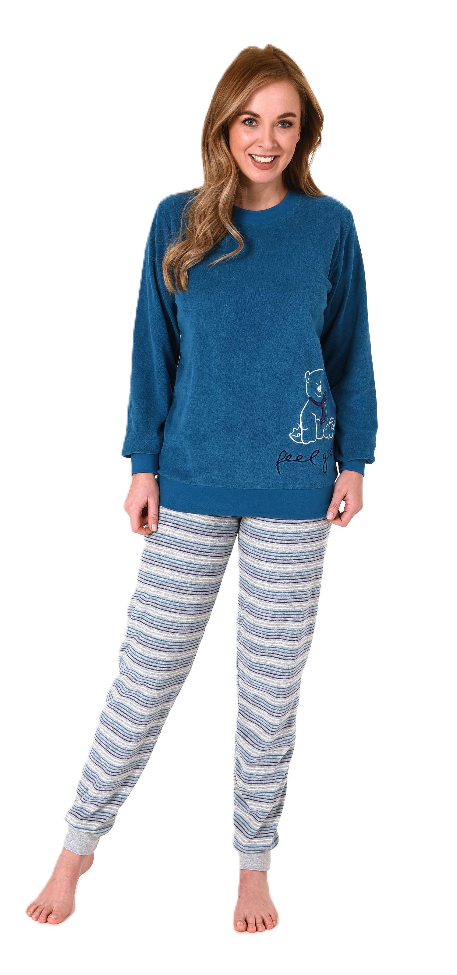 Damen Frottee Pyjama Schlafanzug mit Bündchen und süssen Tiermotiv + gestreifter Hose Damen Frottee Pyjama Schlafanzug mit Bündchen und süssen Tiermotiv + gestreifter Hose