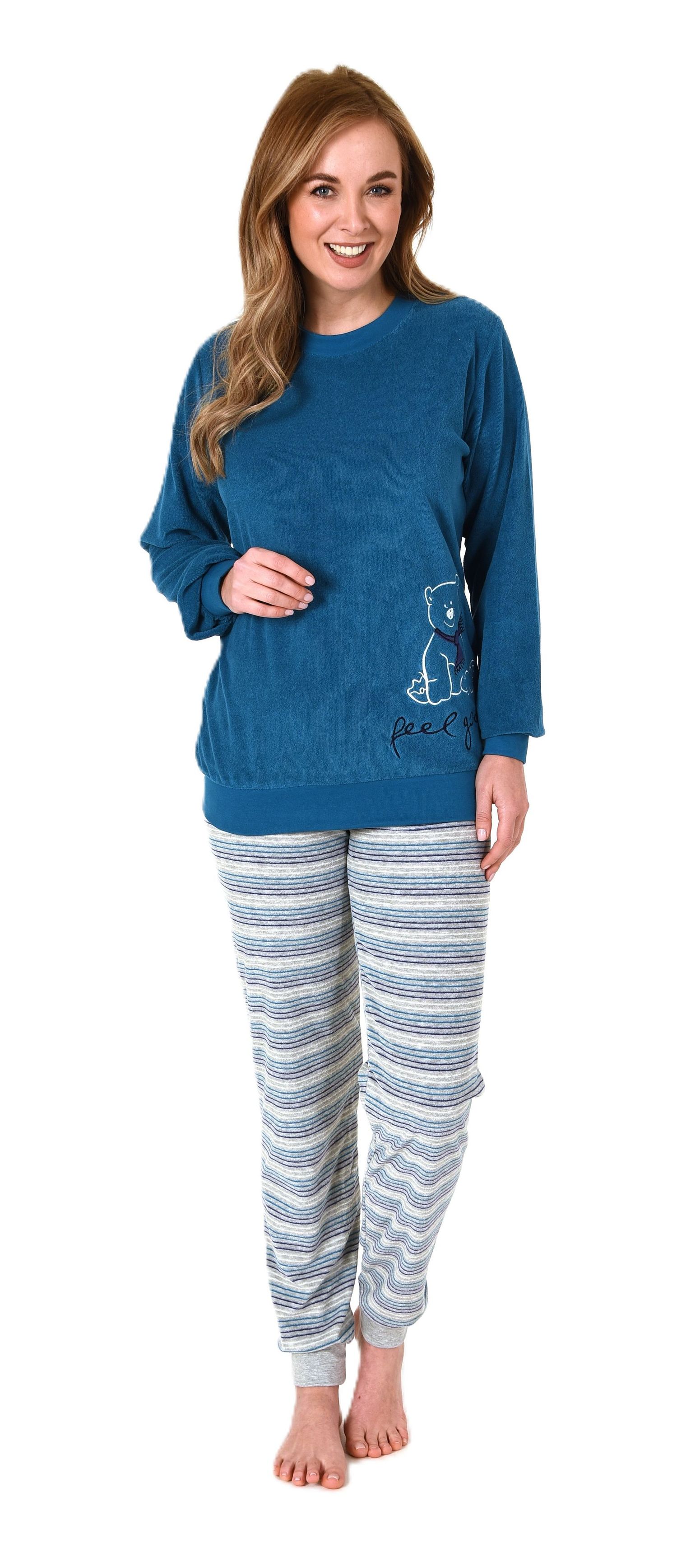 Damen Frottee Pyjama Schlafanzug mit Bündchen und süssen Tiermotiv + gestreifter Hose Damen Frottee Pyjama Schlafanzug mit Bündchen und süssen Tiermotiv + gestreifter Hose