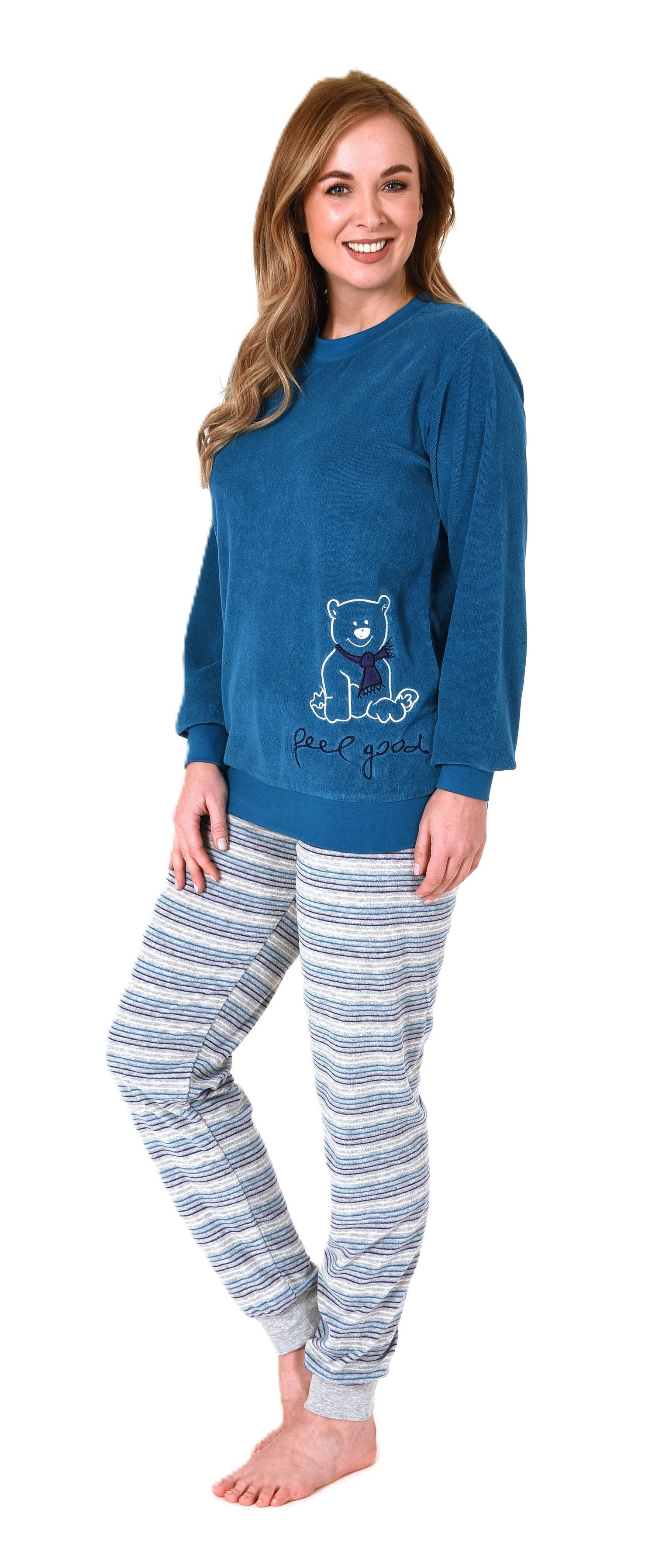Damen Frottee Pyjama Schlafanzug mit Bündchen und süssen Tiermotiv + gestreifter Hose Damen Frottee Pyjama Schlafanzug mit Bündchen und süssen Tiermotiv + gestreifter Hose